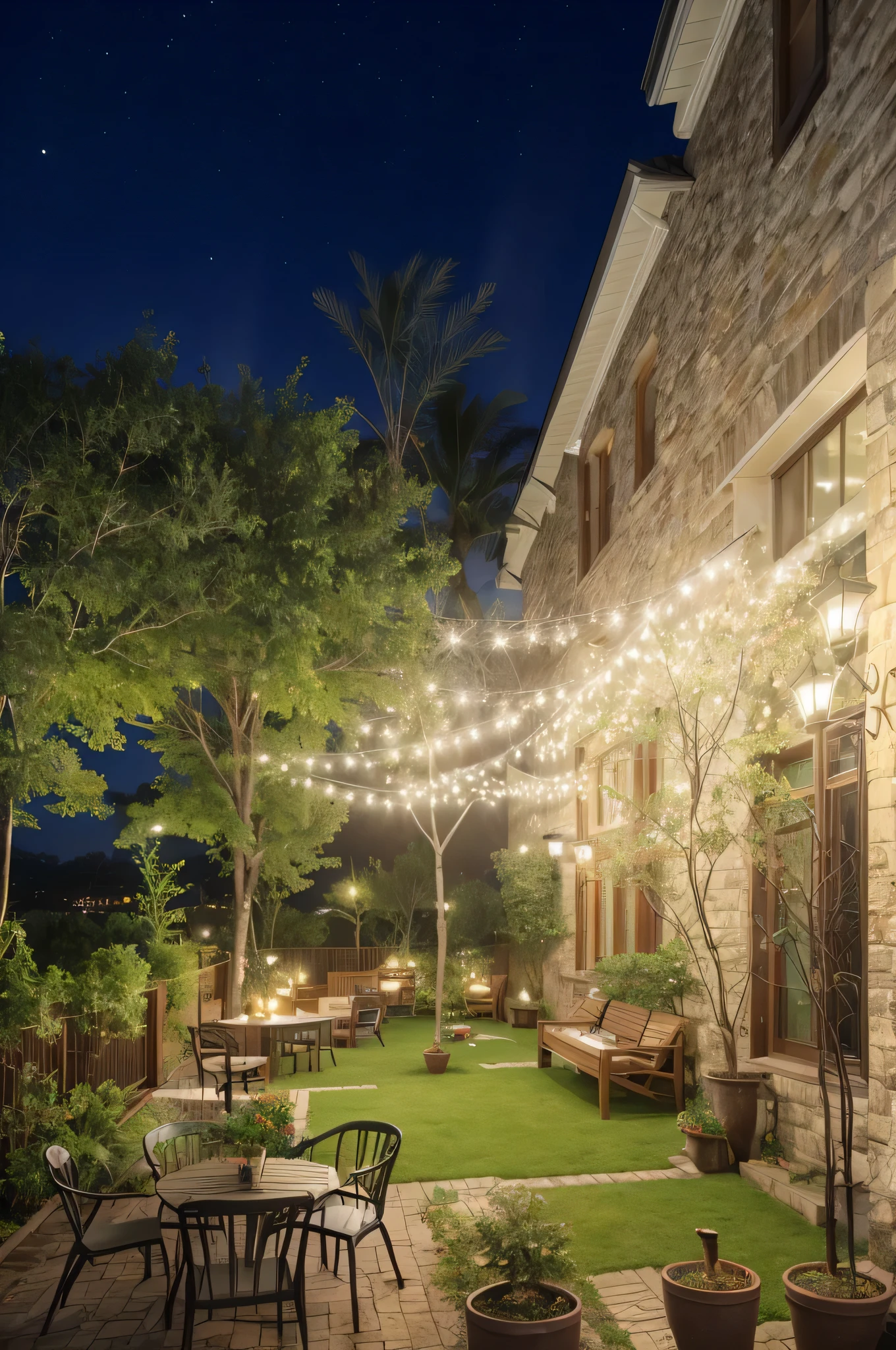 Courtyard night view，Equipped with table, chairs and a tree, outdoors night, Glowing lights night, night lighting, Photos taken night, night有光的时候, outdoor lighting, set night, 柔和的过滤outdoor lighting, outdoor lighting, peaceful atmosphere, Ambient lighting at night, night, outdoor environment, Intricate sparkling atmosphere