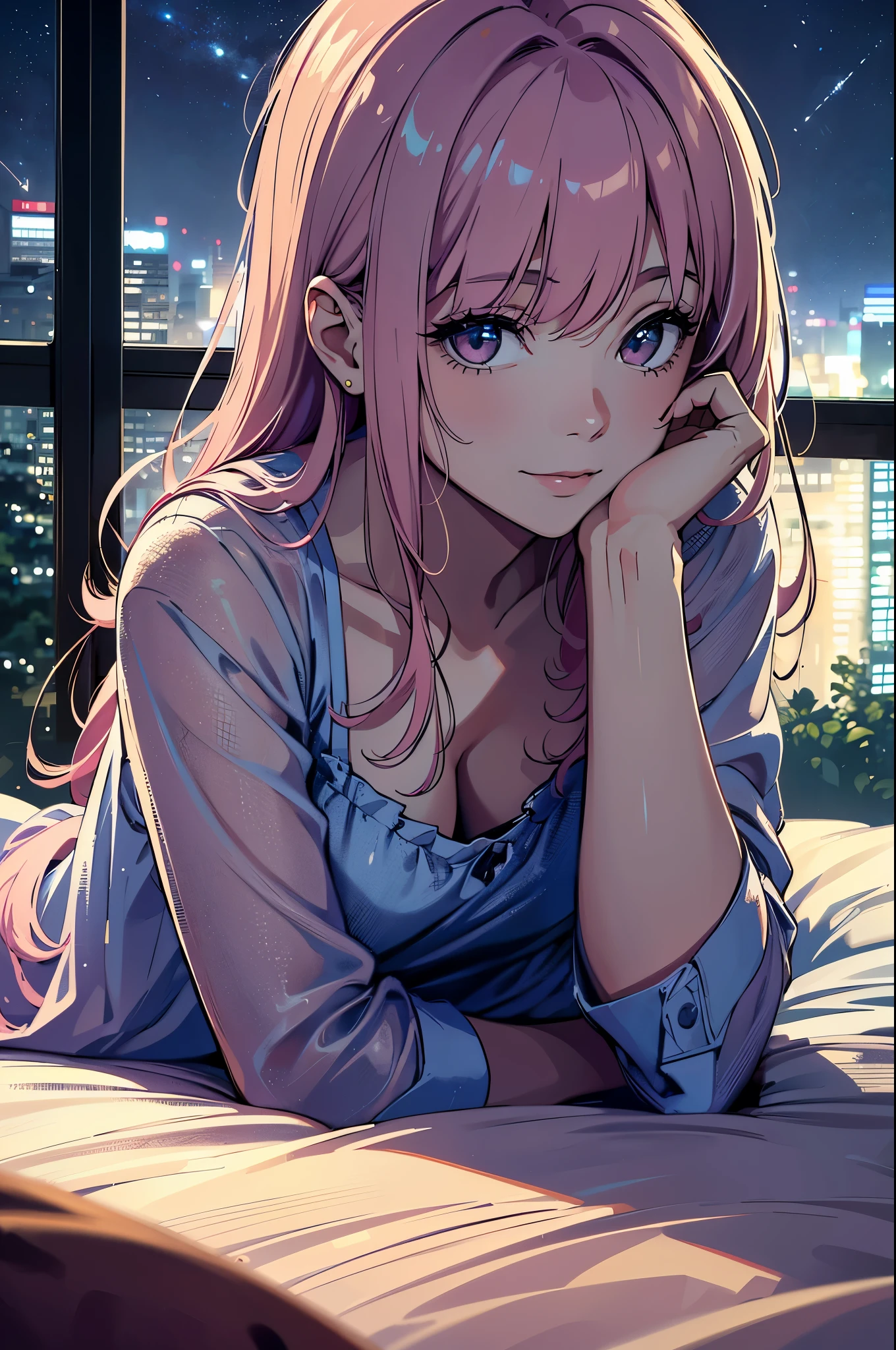 (best quality,4k,8k,highres,masterpiece:1.2),ultra-detailed,(realistic,photorealistic,photo-realistic:1.37) mid side shot of a mature looking pink haired girl in a sexy tiny nightdress laying on her side while looking at the camera and smiling, bedroom, dark lighting, dark blue lighting, lights off, close camera shot of a girl lying on her side, no windows, no lighting, night time, night city, window of night city, laying on side, girl lying down, girl laid down on her side