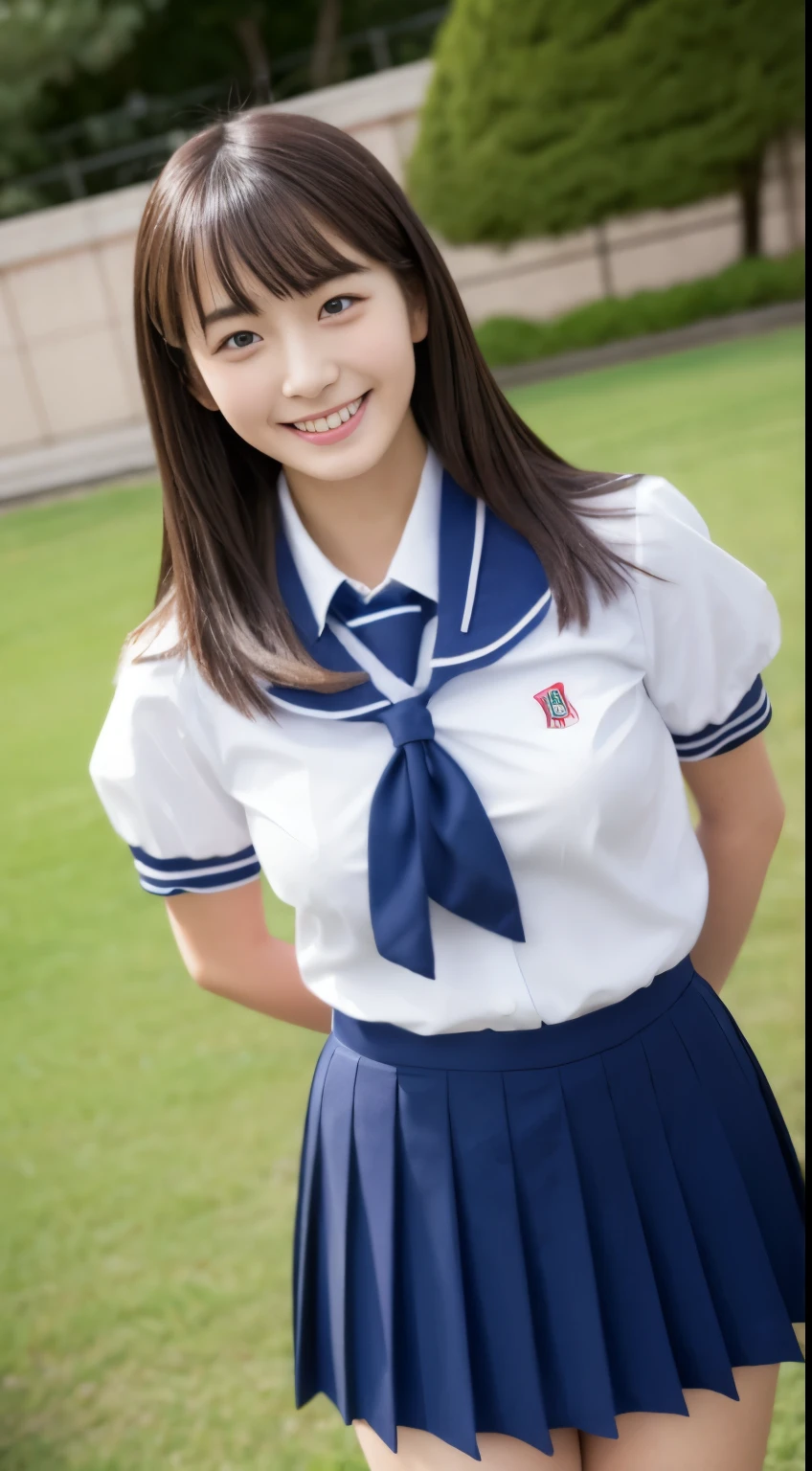 highest quality、masterpiece、solo、beautiful japanese high school girl、18-year-old、sexy uniform、big breasts、(Photograph the subject from an angle)、skinny、 I can see the super miniskirt 、Uniform without sleeves、happy smile、((looking at the viewer))、blush、school classroom