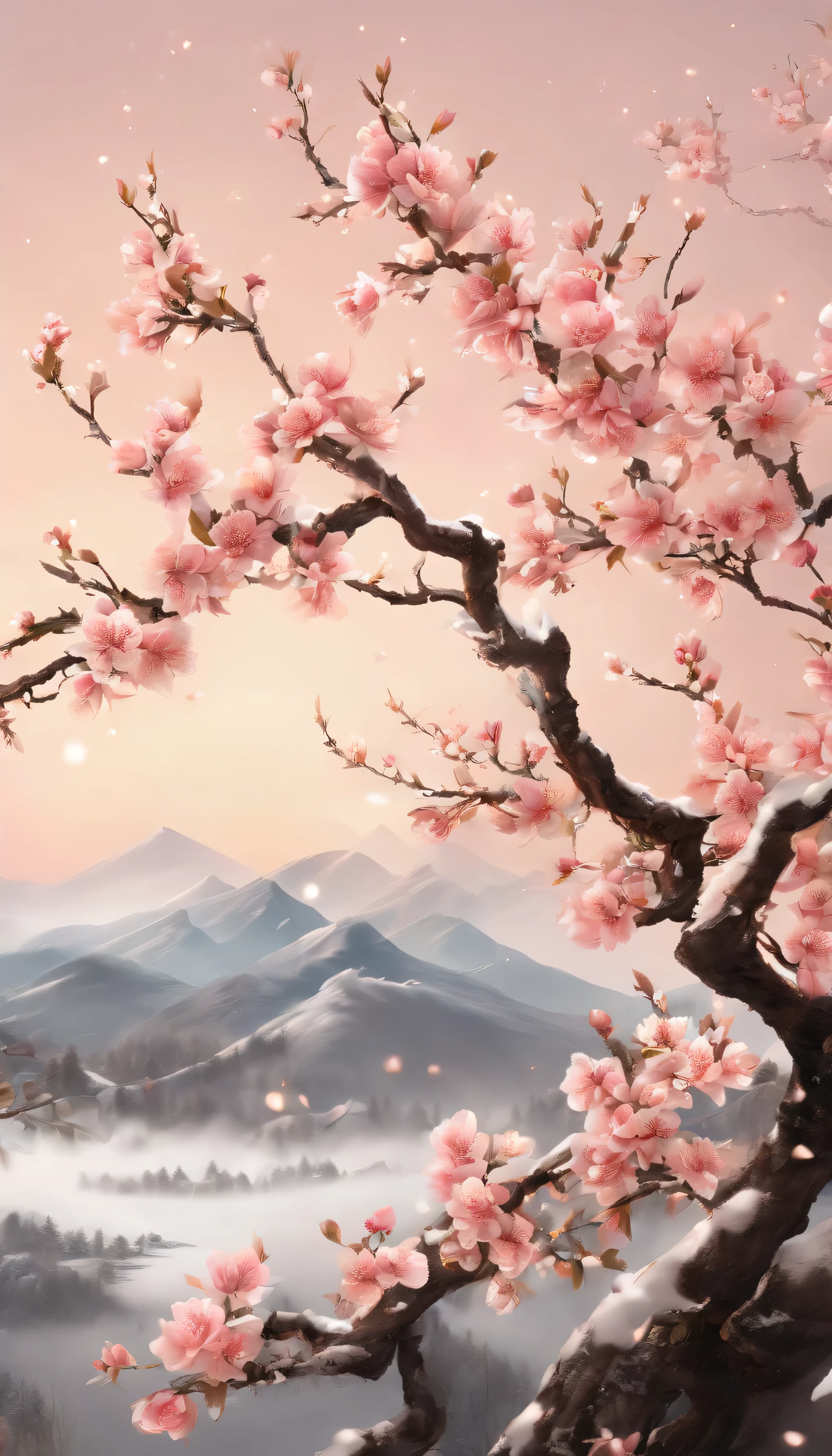 Peach blossom branches,Medium close-up shot at 15 degrees elevation angle,petal,Peach blossoms fly,Top daylight,Refreshing style,Snowy mountains in the distance,Super clear picture quality