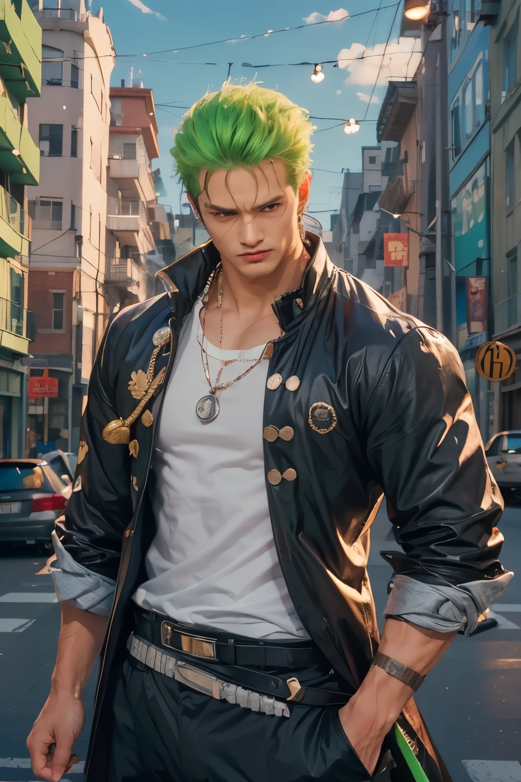 (masterpiece, top quality, high resolution), 1male, handsome male, young male, ((athlete)), (hunky, handsome man, extremely handsome, ridiculously handsome, attractive man, strong masculine features), roronoa zoro, zoro, one piece