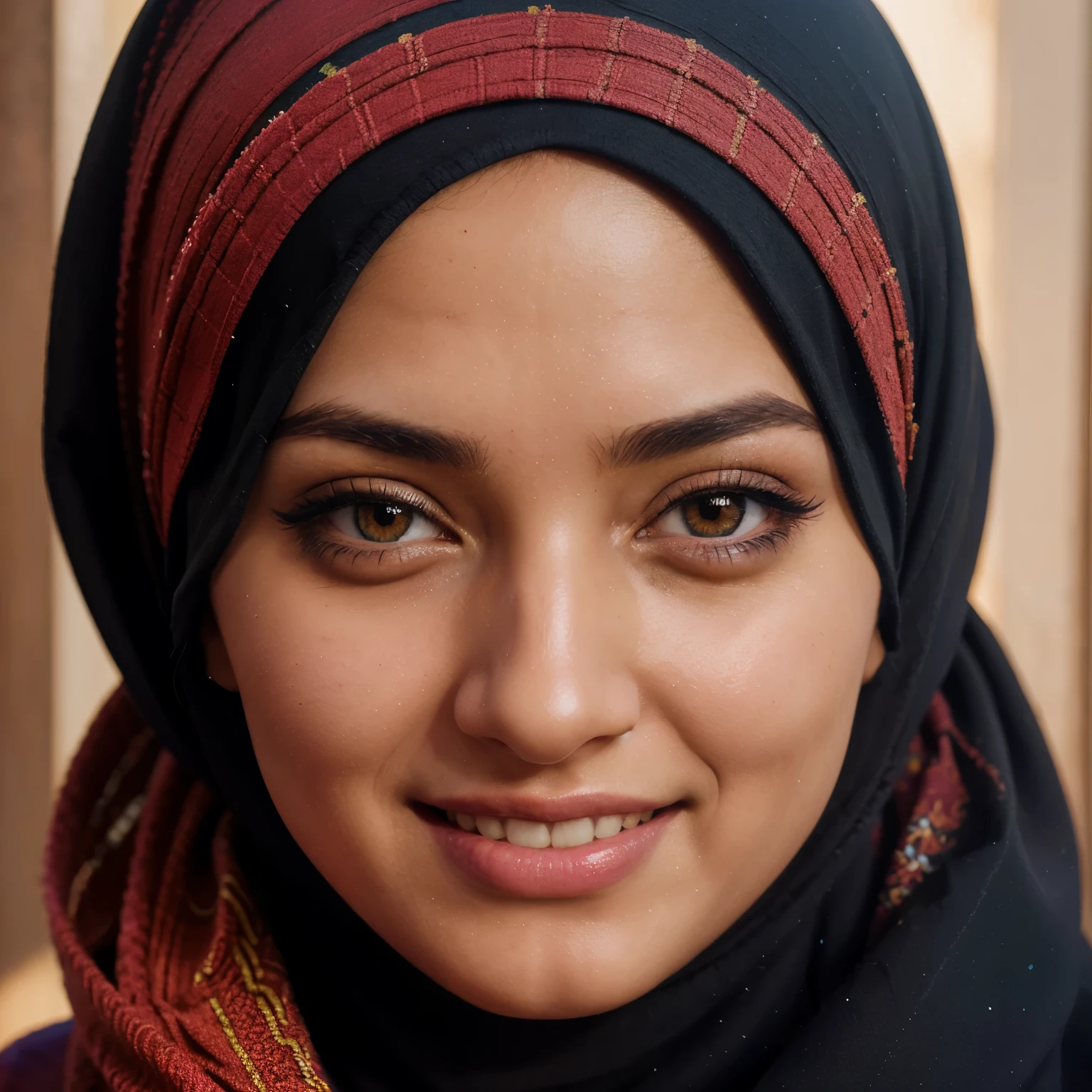 detailed,realistic hijab,detailed eyes,beautiful smile,long eyelashes,happiness,vibrant colors,portrait,medium brush strokes,warm lighting,professional,reliable colors,highres