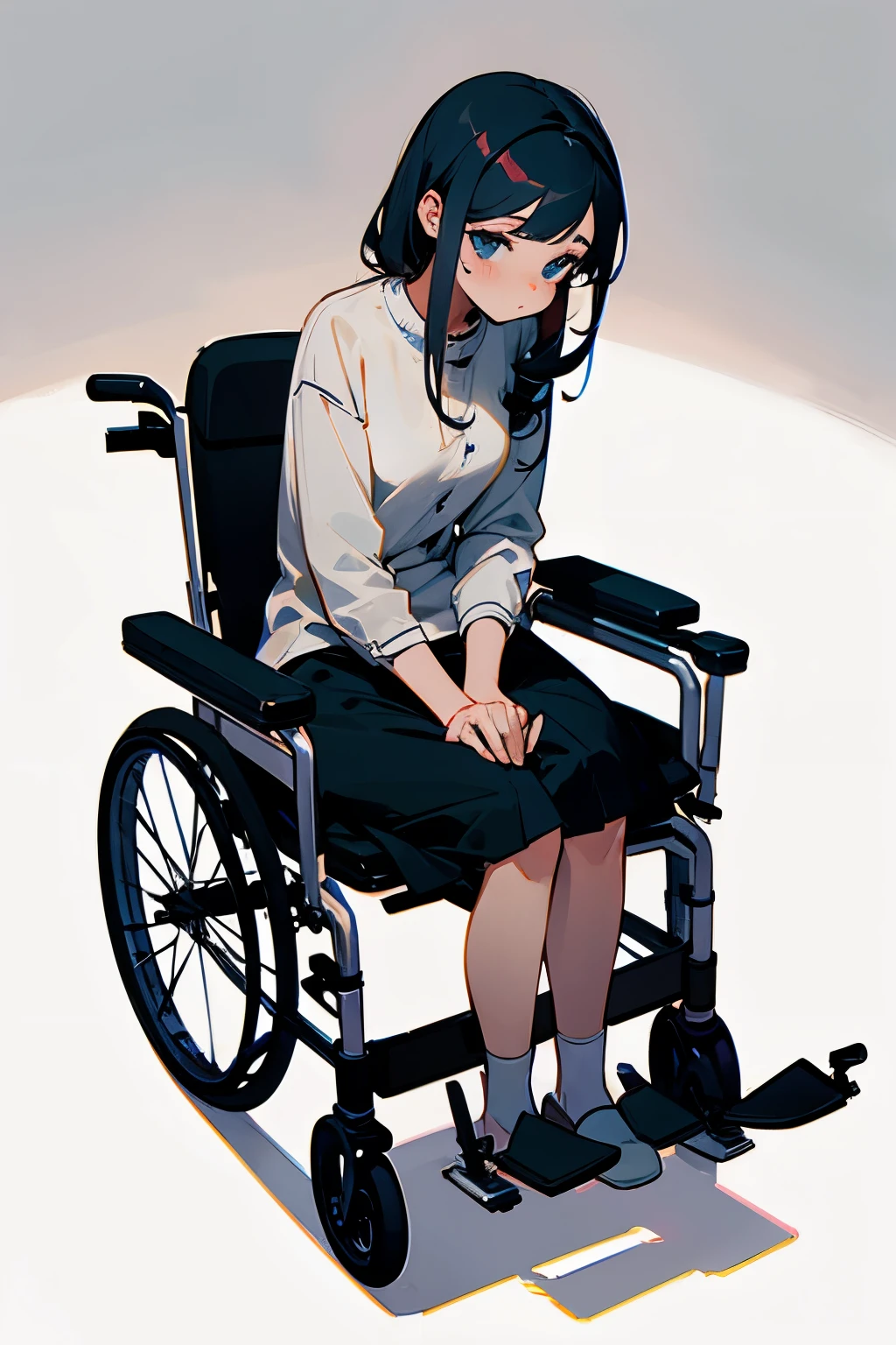 woman 18, from behind, sitting in a wheelchair, looking at the view, hospital patient clothes