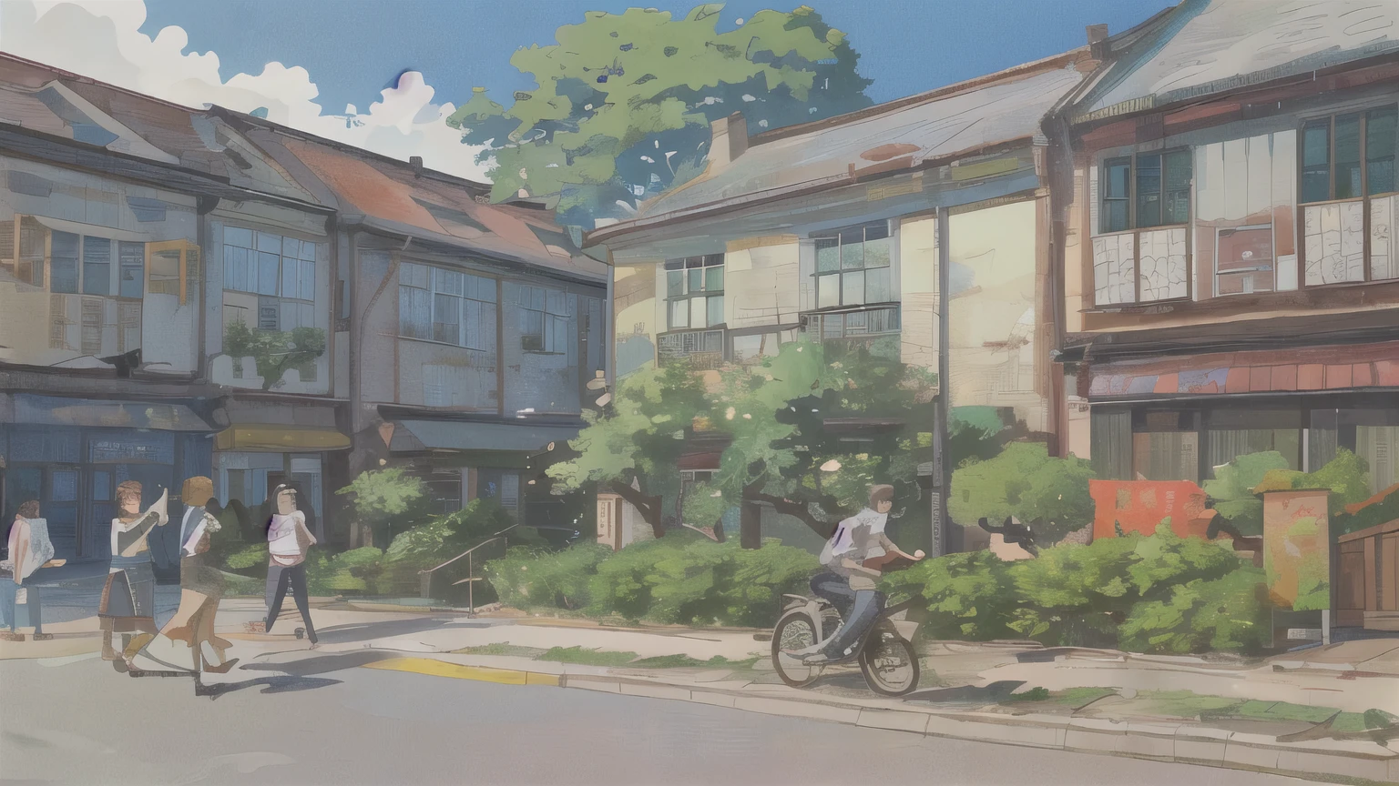 ,Bright colors,The streets are lined with murals and green trees,The sun casts mottled shadows through the leaves,Flowing crowds wearing colorful fashions,There are bicycles and motorcycles parked on the roadside,The lights are dim and warm。The topic keyword is the neighborhood in the 1980s,construction and masterpiece。This is an art painting based on the 80s neighborhood theme,Reflecting the colorful architectural styles and life scenes on the streets。This artistic masterpiece is of the highest quality,Showing the busy vendors and cheerful atmosphere on the street。The picture is colorful,Energetic。The streets are lined with murals and green trees,The sun casts mottled shadows through the leaves,Create a warm and comfortable atmosphere。People wearing fashionable colorful clothes,Walk on the side of the road,Bicycles and motorcycles parked on the street。The entire street scene is filled with dim but warm lights,Create a unique atmosphere of the 1980s。This is a very artistic painting,Showcasing the charm and energy of the neighborhood in the 1980s。Front view