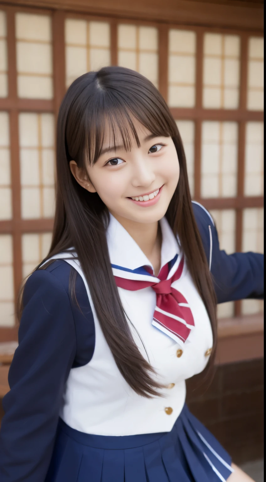 highest quality、masterpiece、solo、beautiful japanese high school girl、18-year-old、sexy uniform、big breasts、(Photograph the subject from an angle)、skinny、 I can see the super miniskirt 、Uniform without sleeves、happy smile、((looking at the viewer))、blush、school classroom