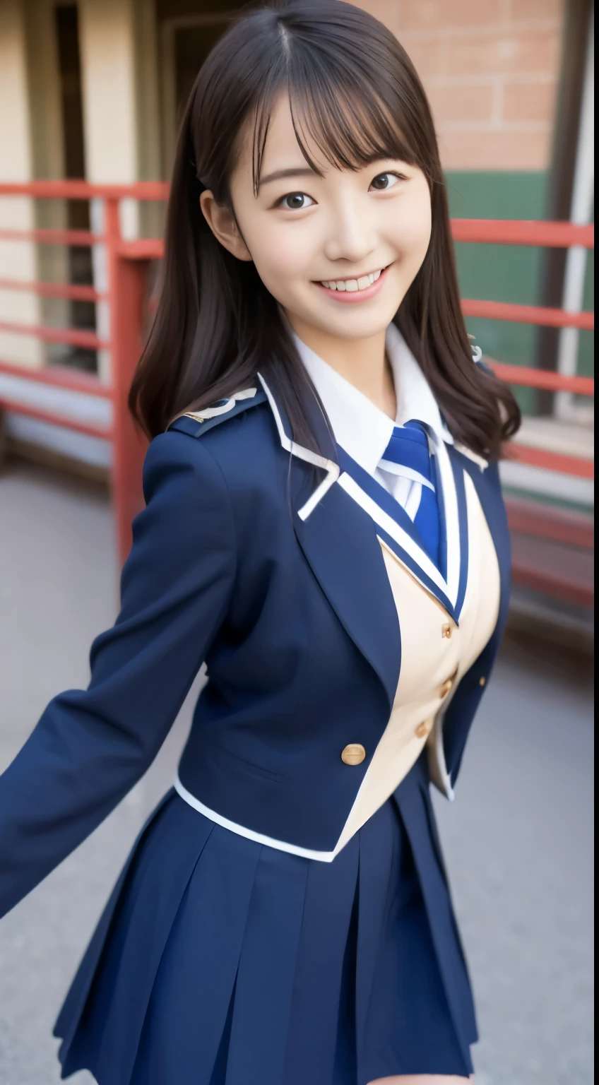 highest quality、masterpiece、solo、beautiful japanese high school girl、18-year-old、sexy uniform、big breasts、(Photograph the subject from an angle)、skinny、 I can see the super miniskirt 、Uniform without sleeves、happy smile、((looking at the viewer))、blush、school classroom
