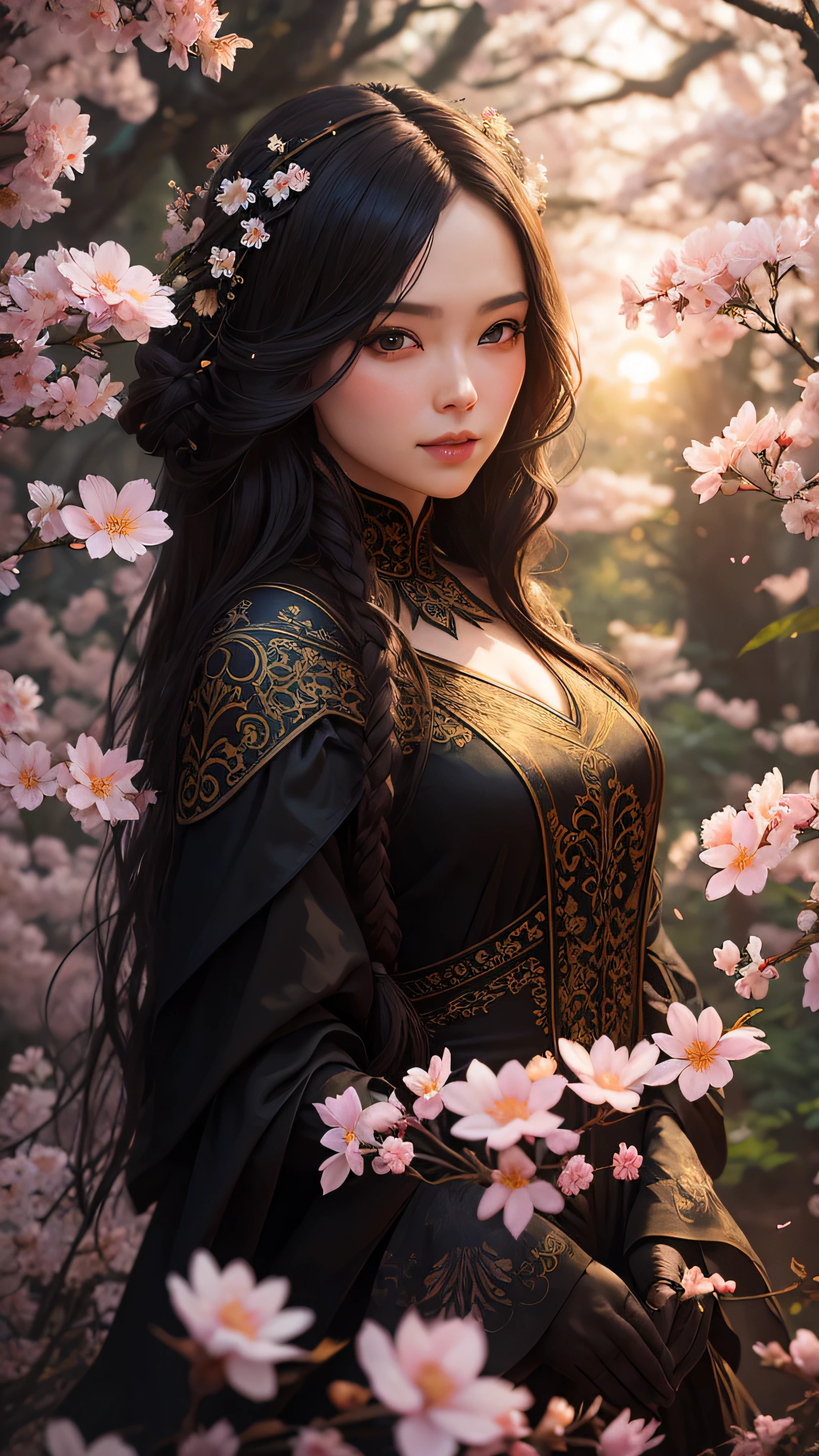 A Flower by Kathy Weldon, Olga Kvasa, Miho Hirano, hyperdetailed complicatedly detailed gothic art trending on Artstation triadic colors Unreal Engine 5 detailed matte painting, dark, extremely good, complicated detail, splash screen, complementary colors, fantasy concept art, 8K resolution, Gothic unusual art masterpiece, (dark shot:0.9), Greg Rutkoski (Greg Rutkoski) and artworks created by artgerm, soft light, Adobe Lightroom, photo studio, high dynamic range, complicated, Very detailed,   Cherry blossoms,