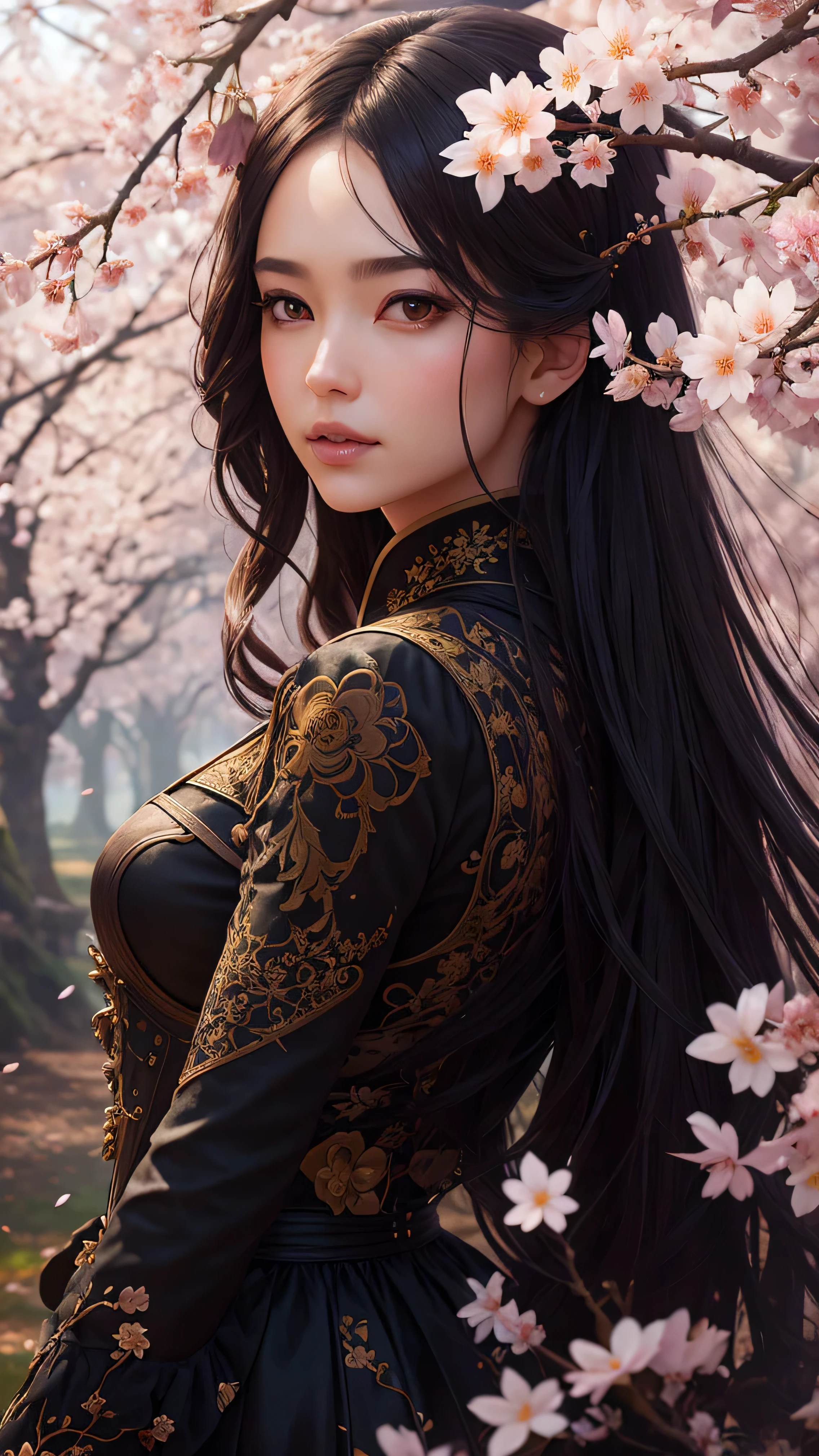 A Flower by Kathy Weldon, Olga Kvasa, Miho Hirano, hyperdetailed complicatedly detailed gothic art trending on Artstation triadic colors Unreal Engine 5 detailed matte painting, dark, extremely good, complicated detail, splash screen, complementary colors, fantasy concept art, 8K resolution, Gothic unusual art masterpiece, (dark shot:0.9), Greg Rutkoski (Greg Rutkoski) and artworks created by artgerm, soft light, Adobe Lightroom, photo studio, high dynamic range, complicated, Very detailed, Cherry blossoms,