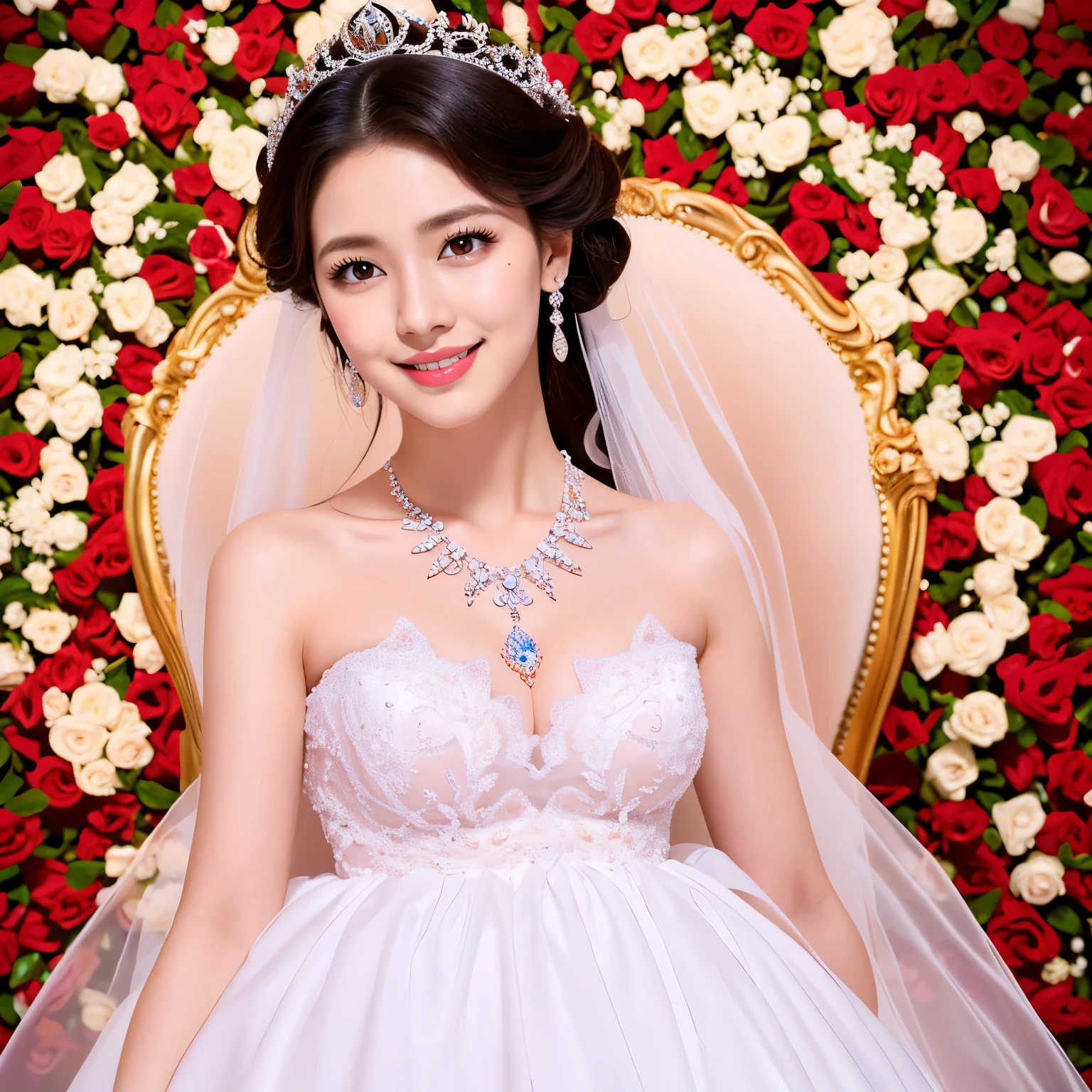 (highest quality、table top、8k、best image quality、Award-winning work)、1 pregnant bride、The most extravagant and finest giant wedding dresses、The most luxurious and highest quality giant tiara、The most luxurious and highest quality giant necklace、the biggest smile looking at me、Large amount of finest jewelry decorations、(Background of a flower field filled with a large amount of flowers:1.1)、(Beautiful gorgeous flower garden inspired by the gardens of Versailles:1.1)、shining white marble columns、(A huge, high-quality flower arch made of tons of roses:1.3)、(Lots of colorful roses in pink, white and red:1.1)、fantasy、perfect makeup、long eyelashes、Super high-definition sparkling eyes、ultra high definition hair、ultra high resolution glossy lips、Super high resolution perfect teeth、Beautiful face in super high resolution、(accurate anatomy:1.1)、(Beautiful skin that shines very brightly:1.2)、(very bright and vivid:1.2)