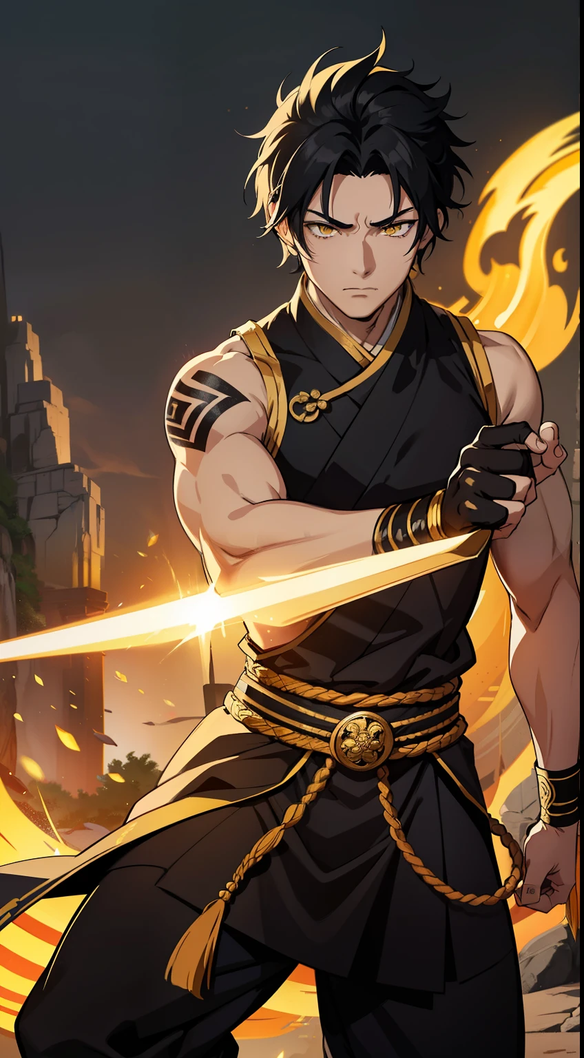 (high-quality, breathtaking),(expressive eyes, perfect face) 1boy, male, solo, young adult, black hair, dreadlocks, yellow eyes, short hair length, dark skin, soft serious expression, Monk profession, martial artist, well built body, pants, knuckle bandages, gloves, environment background, fantasy clothing, fantasy attire, sleeveless robe, DnD Monk Class, oriental monk, half body, ancient Chinese swordsman hanfu, body tattoos, tribal body art, wuxia, black and gold clothing palette, brass knuckles
