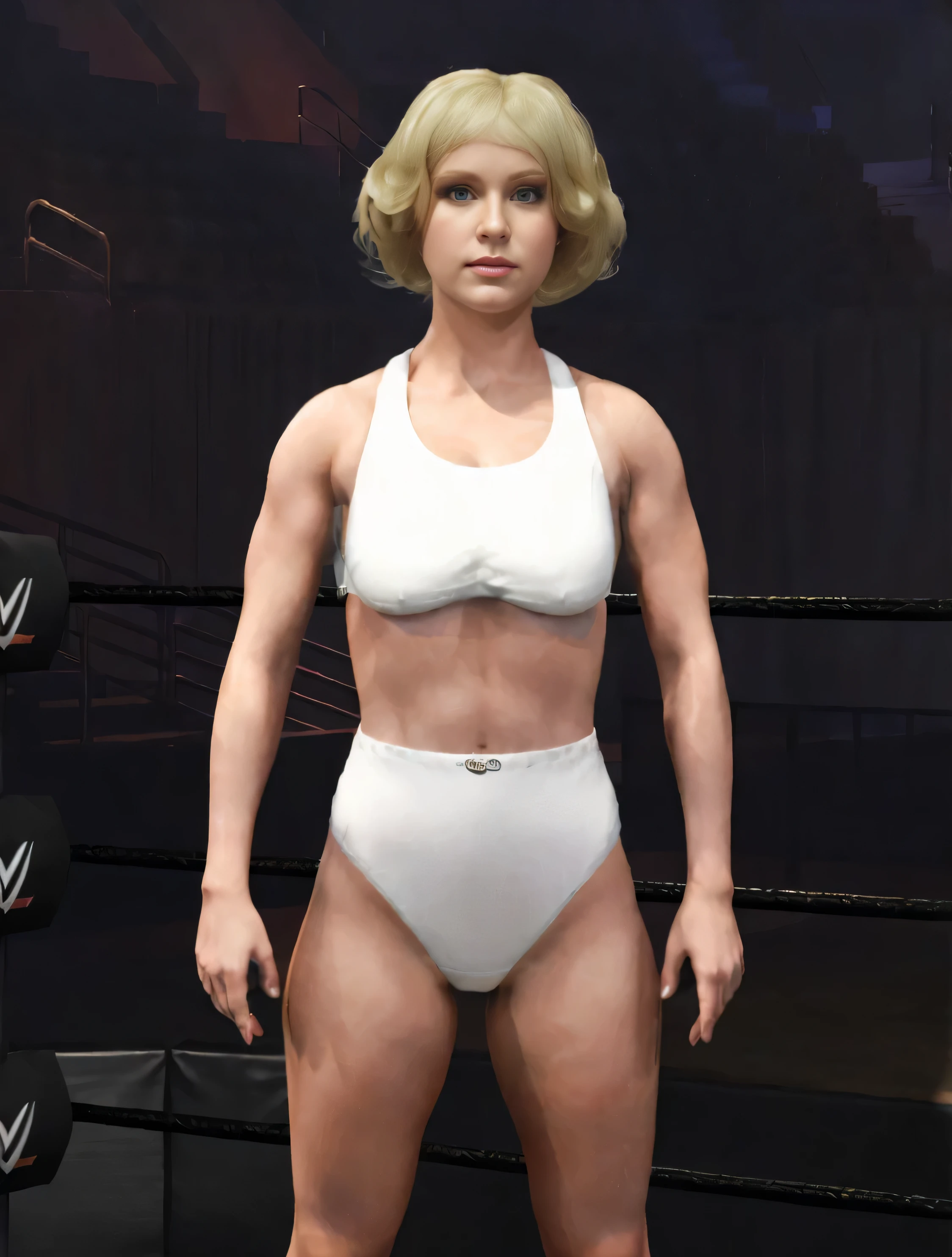 ((masterpiece, best quality)), ((30 year old)), (((Curvy))), (((Finnish woman with medium length blonde hair)), in white bra, ((white high cut cotton )), (((Large Hips))), Standing in wrestling ring, (((photo realistic)))