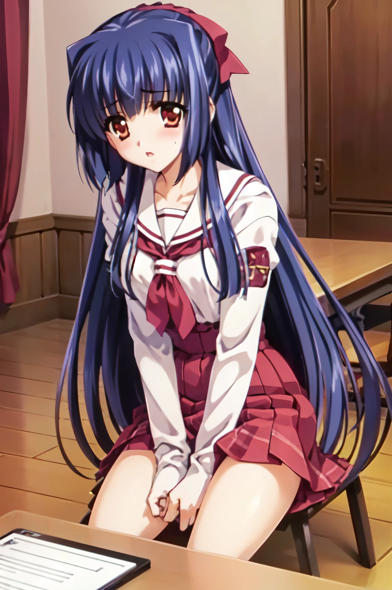 (highest quality,High resolution,table top:1.2),Super detailed,(reality,Photorealです,Photoreal:1.37),game CG, NSFW,1 girl, girl, blue hair, (half up:1.1), (:1.3), (pink uniform、green skirt)、(open your legs、open your knees wide、white panties、、Eye and face details, Kamimei、i'm blushing, surprised expression, soft lighting, whole body angle, Western-style room、