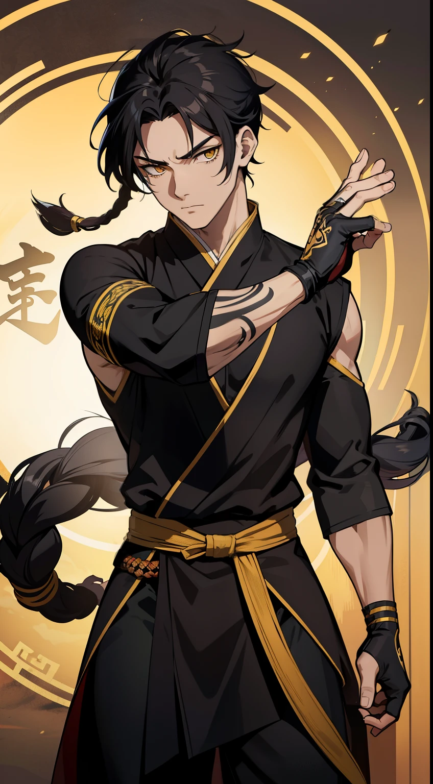 (high-quality, breathtaking),(expressive eyes, perfect face) 1boy, male, solo, young adult, black hair, dreadlocks, yellow eyes, short hair length, dark skin, soft serious expression, Monk profession, martial artist, well built body, pants, knuckle bandages, gloves, environment background, fantasy clothing, fantasy attire, one sleeve robe, DnD Monk Class, oriental monk, half body, ancient Chinese swordsman hanfu, body tattoos, tribal body art, wuxia, black and gold clothing palette
