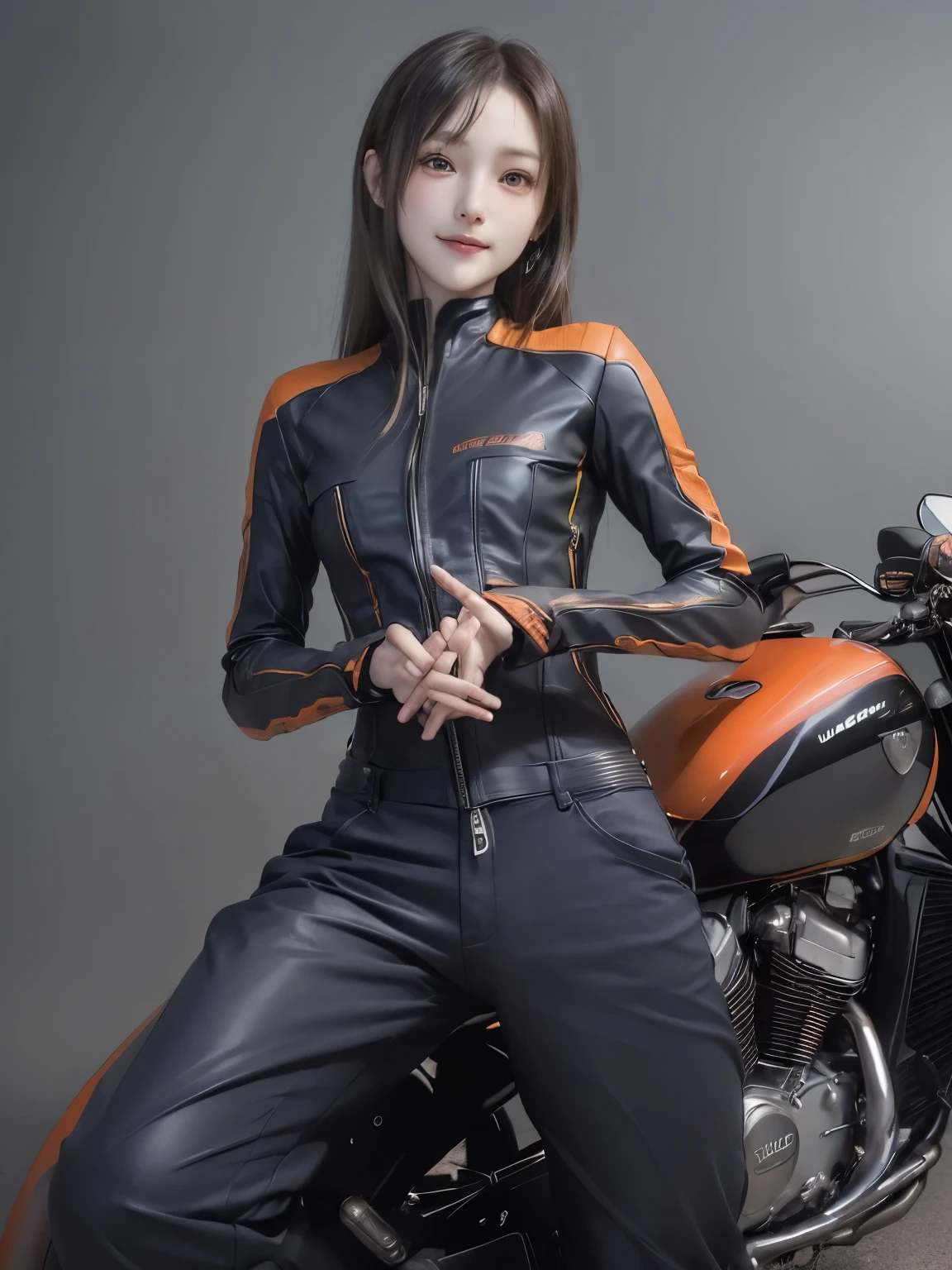 ((highest quality)), ((masterpiece)), (detailed motorcycle), perfect face、Accurate five-fingered hands、double eyelids、small face、realistic skin texture、full body shot、long legs、Beauty、((orange rider suit and pants))、smile、slender body、Moist eyes、((riding a motorcycle))