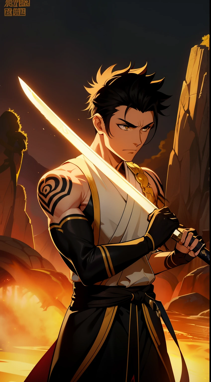 (high-quality, breathtaking),(expressive eyes, perfect face) 1boy, male, solo, young adult, black hair, dreadlocks, tied back hair, yellow eyes, short hair length, dark skin, soft serious expression, Monk profession, martial artist, well built body, pants, knuckle bandages, gloves, environment background, fantasy clothing, fantasy attire, one sleeve robe, DnD Monk Class, oriental monk, half body, ancient Chinese swordsman hanfu, body tattoos, tribal body art, wuxia, black and gold clothing palette
