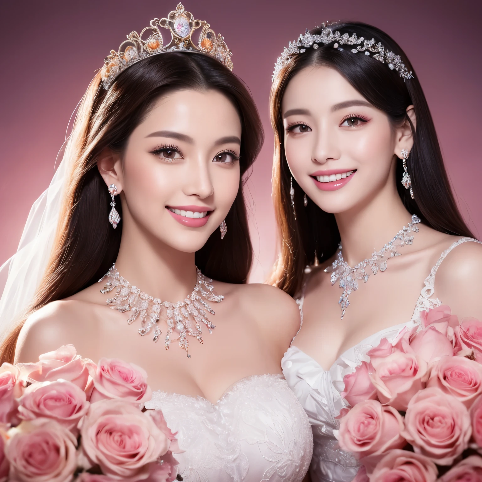 (highest quality、table top、8k、best image quality、Award-winning work)、1 pregnant bride、The most extravagant and finest giant wedding dresses、The most luxurious and highest quality giant tiara、The most luxurious and highest quality giant necklace、the biggest smile looking at me、Large amount of finest jewelry decorations、(Background of a palace flower garden filled with a large amount of flowers:1.1)、(beautiful luxury palace flower garden:1.1)、(Shining white marble columns are lined up regularly on the left and right.:1.1)、(A symmetrical front composition with depth:1.3)、(A huge, high-quality flower arch made of tons of roses:1.3)、(Lots of colorful roses in pink, white and red:1.1)、fantasy、perfect makeup、long eyelashes、Super high-definition sparkling eyes、ultra high definition hair、ultra high resolution glossy lips、Super high resolution perfect teeth、Beautiful face in super high resolution、(accurate anatomy:1.1)、(Beautiful skin that shines very brightly:1.2)、(very bright and vivid:1.2)