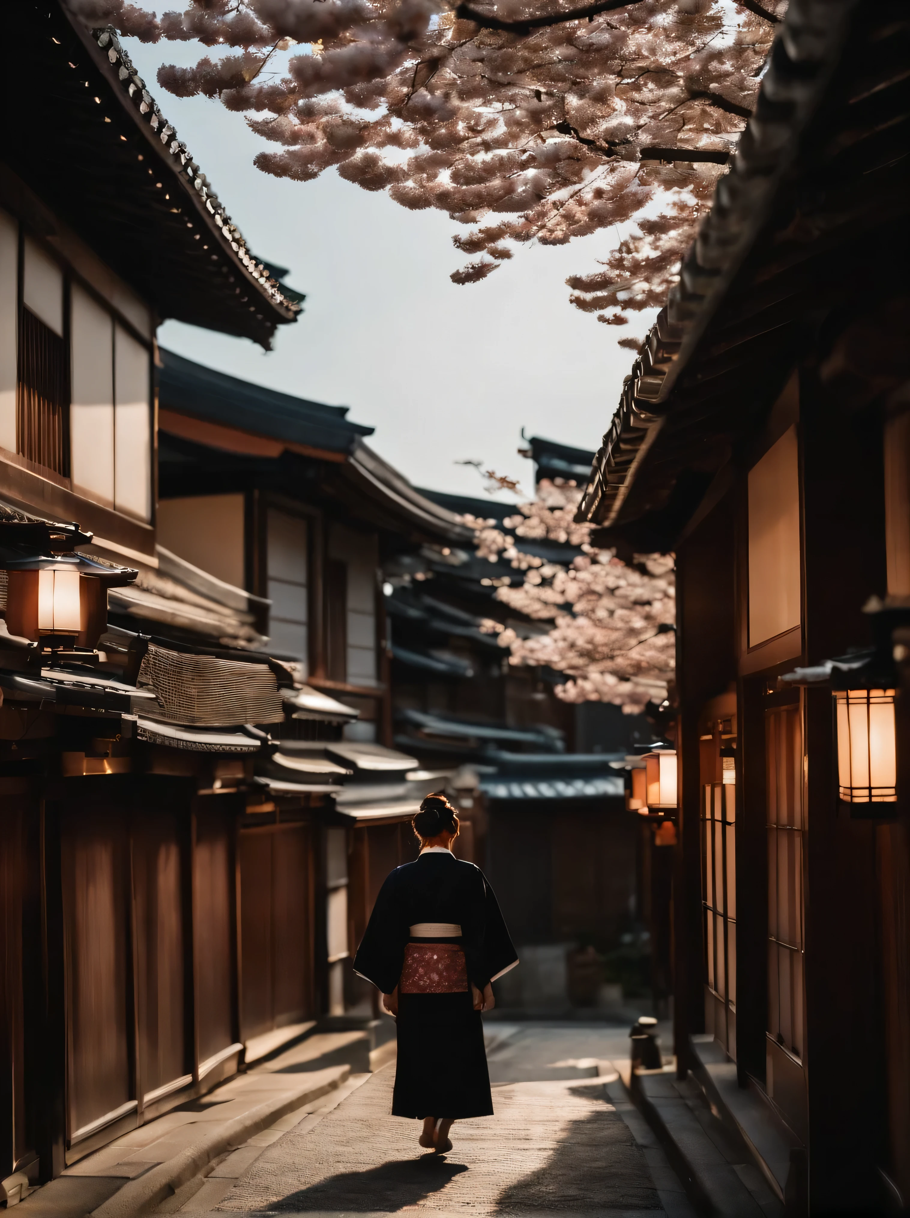 On the streets of Kyoto during the shogunate era，It is full of cherry blossoms，Next to the Japanese houses on the street，There is a Japanese girl，wearing kimono，Light from the side at night，warm tones，There are many lanterns hanging on the house