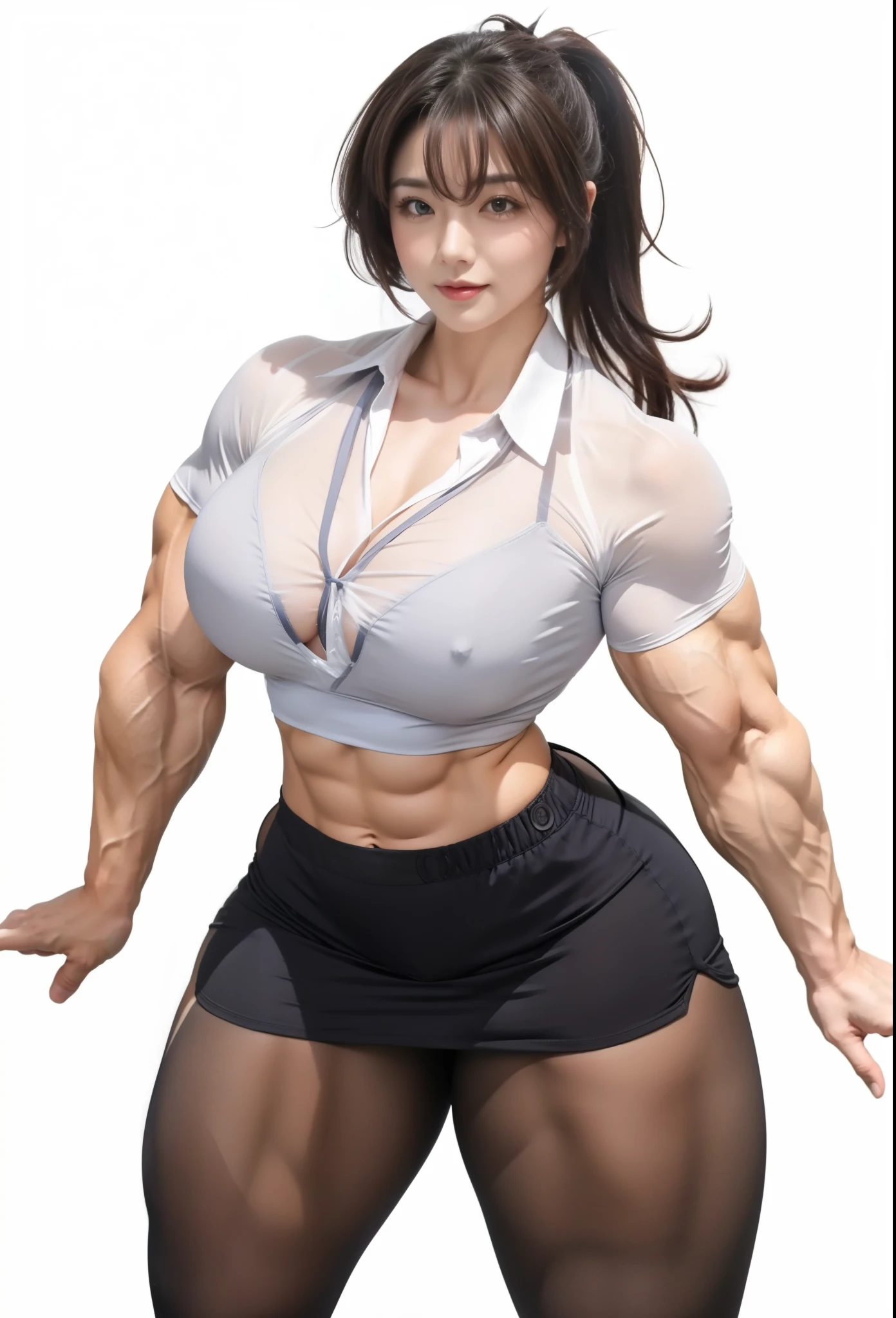  , best quality,,1 girl, female,,beautiful,muscular thighs,pantyhose,office lady,see through shirt,muscular shoulder,abs, muscular female, alternate muscle size, 