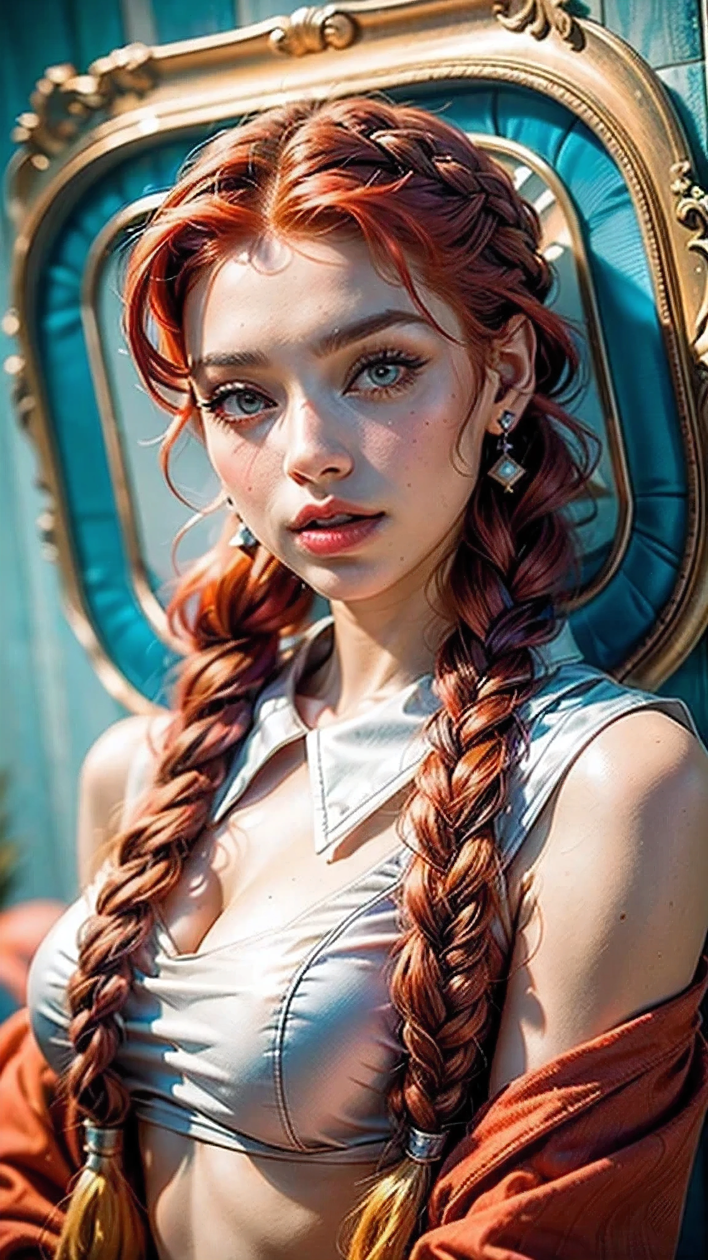 mulher arafed com cabelo vermelho e uma luz roxa neon, aluna hiperrealista, uma aluna hiperrealista, red braided hair, Complex red braided hair, ela tem cabelos ruivos, cabelos vermelhos brilhantes, plaits, do cabelo vermelho, Hairstyle Braids, inspirado em Daphne Fedarb, de cabelos vermelhos, red head, pigtail, pia sadie