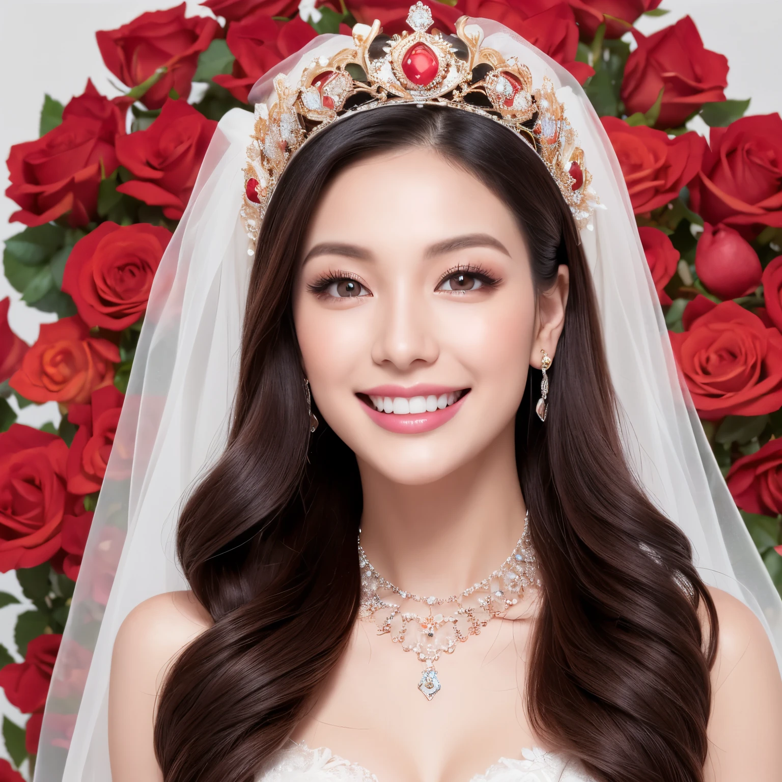 (highest quality、table top、8k、best image quality、Award-winning work)、(1 pregnant bride:1.1)、(The most extravagant and finest giant wedding dresses:1.1)、(The most luxurious and highest quality giant tiara:1.1)、(The most luxurious and highest quality giant necklace:1.1)、the biggest smile looking at me、Large amount of finest jewelry decorations、(Background of a flower field filled with a large amount of flowers:1.1)、(Beautiful and luxurious deep flower garden:1.1)、(A perfectly arranged symmetrical and regular flower garden:1.1)、(A symmetrical front composition with depth:1.3)、(A huge, high-quality flower arch made of tons of roses:1.3)、(Lots of colorful roses in pink, white and red:1.1)、fantasy、perfect makeup、long eyelashes、Super high-definition sparkling eyes、ultra high definition hair、ultra high resolution glossy lips、Super high resolution perfect teeth、Beautiful face in super high resolution、(accurate anatomy:1.1)、(Beautiful skin that shines very brightly:1.2)、(very bright and vivid:1.2)