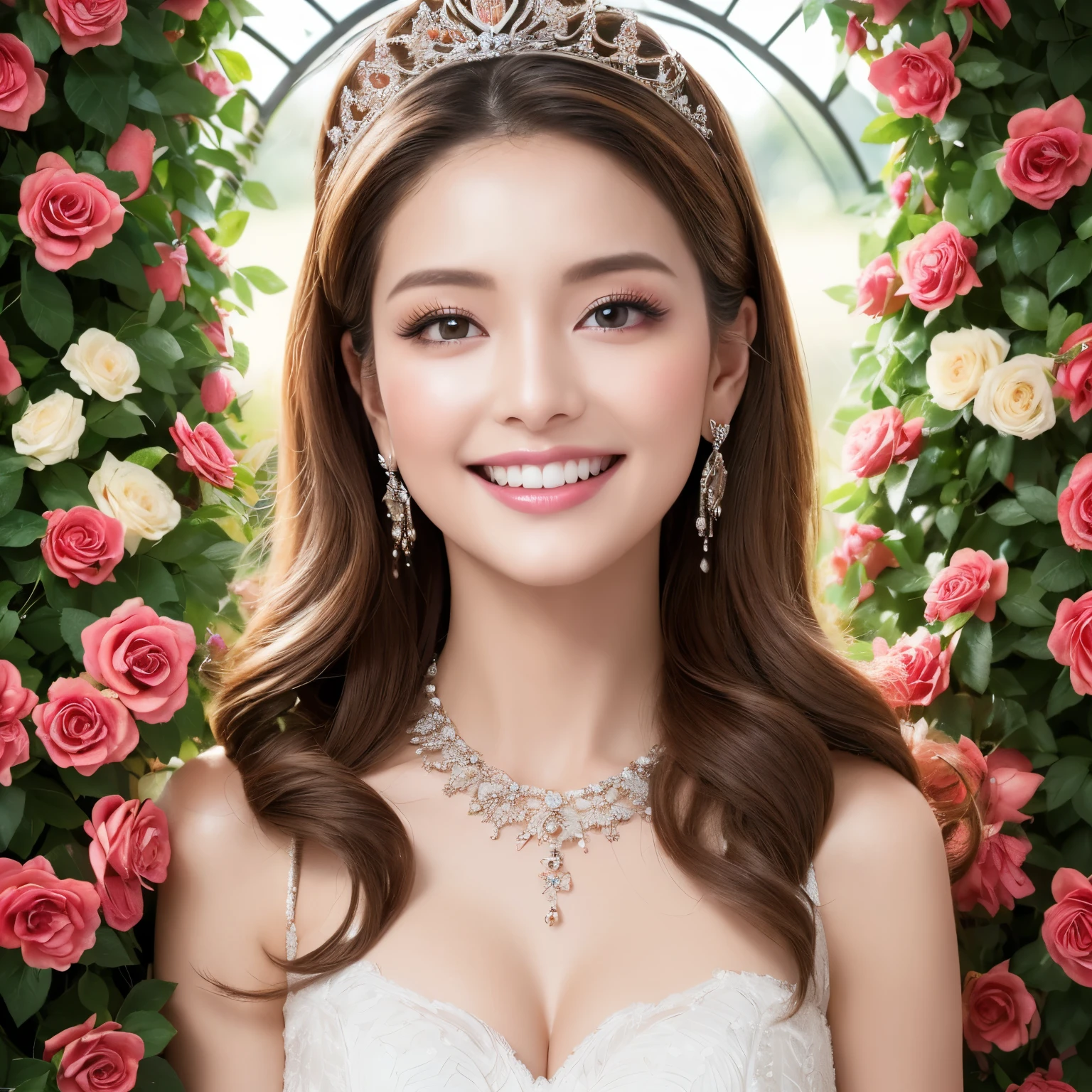 (highest quality、table top、8k、best image quality、Award-winning work)、(1 pregnant bride:1.1)、(The most extravagant and finest giant wedding dresses:1.1)、(The most luxurious and highest quality giant tiara:1.1)、(The most luxurious and highest quality giant necklace:1.1)、the biggest smile looking at me、Large amount of finest jewelry decorations、(Background of a flower field filled with a large amount of flowers:1.1)、(Beautiful and luxurious deep flower garden:1.1)、(A perfectly arranged symmetrical and regular flower garden:1.1)、(A symmetrical front composition with depth:1.3)、(A huge, high-quality flower arch made of tons of roses:1.3)、(Lots of colorful roses in pink, white and red:1.1)、fantasy、perfect makeup、long eyelashes、Super high-definition sparkling eyes、ultra high definition hair、ultra high resolution glossy lips、Super high resolution perfect teeth、Beautiful face in super high resolution、(accurate anatomy:1.1)、(Beautiful skin that shines very brightly:1.2)、(very bright and vivid:1.2)