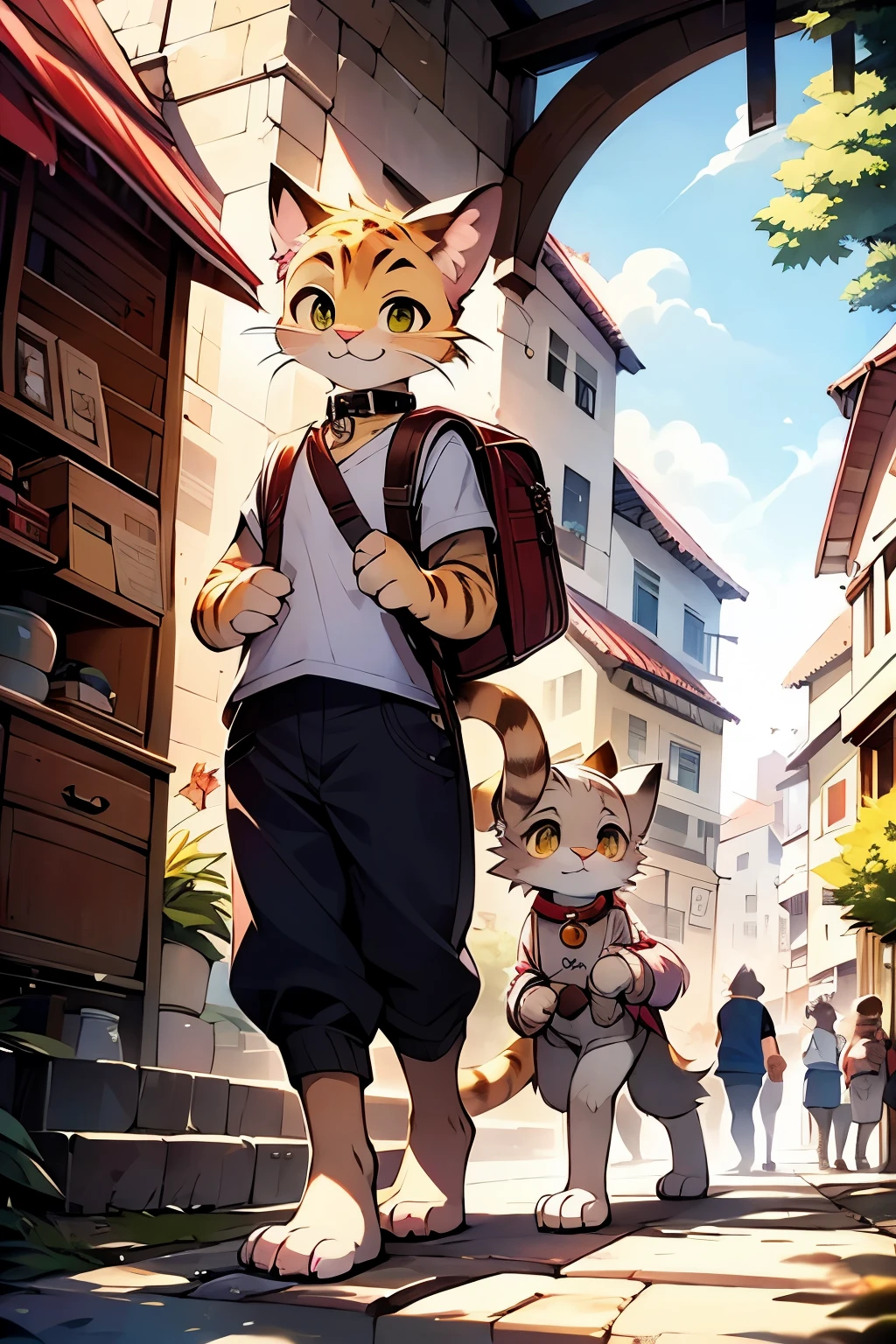 Detailed Picture Quality, Feline anthropomorphic, Mid-size cat figure, Strolling leisurely, Low sunlight, Brown fur with white patches, Eyes shining with intelligence, Pink nose and paw pads, White whiskers and collar, Long and bushy tail, Delicate paw prints on the ground, Light shadows creating depth, Realistic ???????, Artistic rendition, (Blue shirt and jeans: 0.6), Belly button visible, Backpack on, Looking over shoulder, Casual posture, Happy expression.