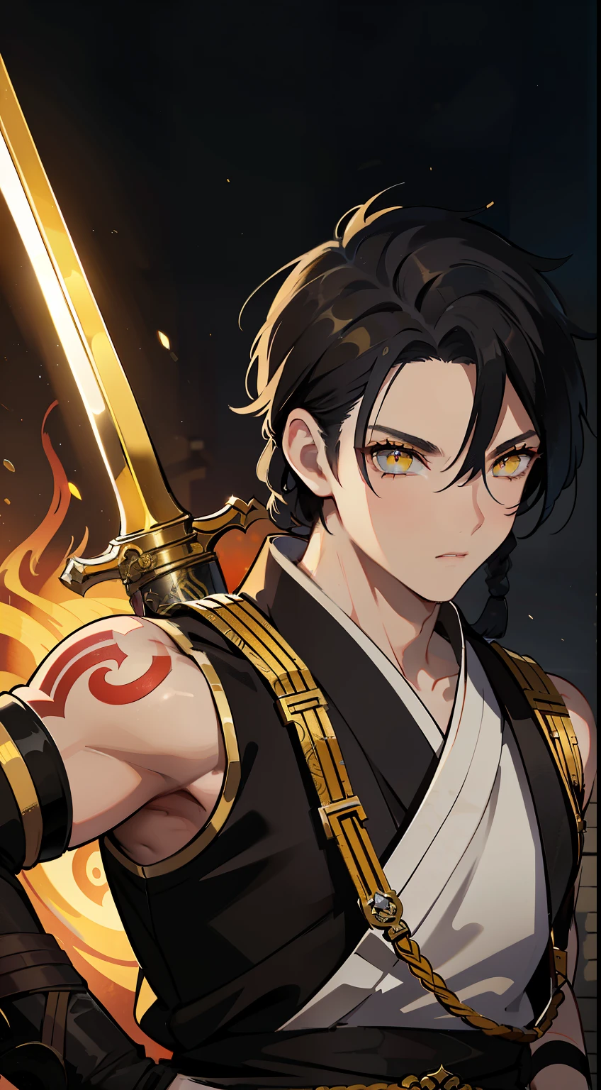 (high-quality, breathtaking),(expressive eyes, perfect face) 1boy, male, solo, young adult, black hair, dreadlocks, yellow eyes, short hair length, dark skin, soft serious expression, Monk profession, martial artist, well built body, pants, knuckle bandages, gloves, environment background, fantasy clothing, fantasy attire, sleeveless robe, DnD Monk Class, oriental monk, headshot, ancient Chinese swordsman hanfu, body tattoos, tribal body art, wuxia, black and gold clothing palette, brass knuckles, portrait, zoomed out
