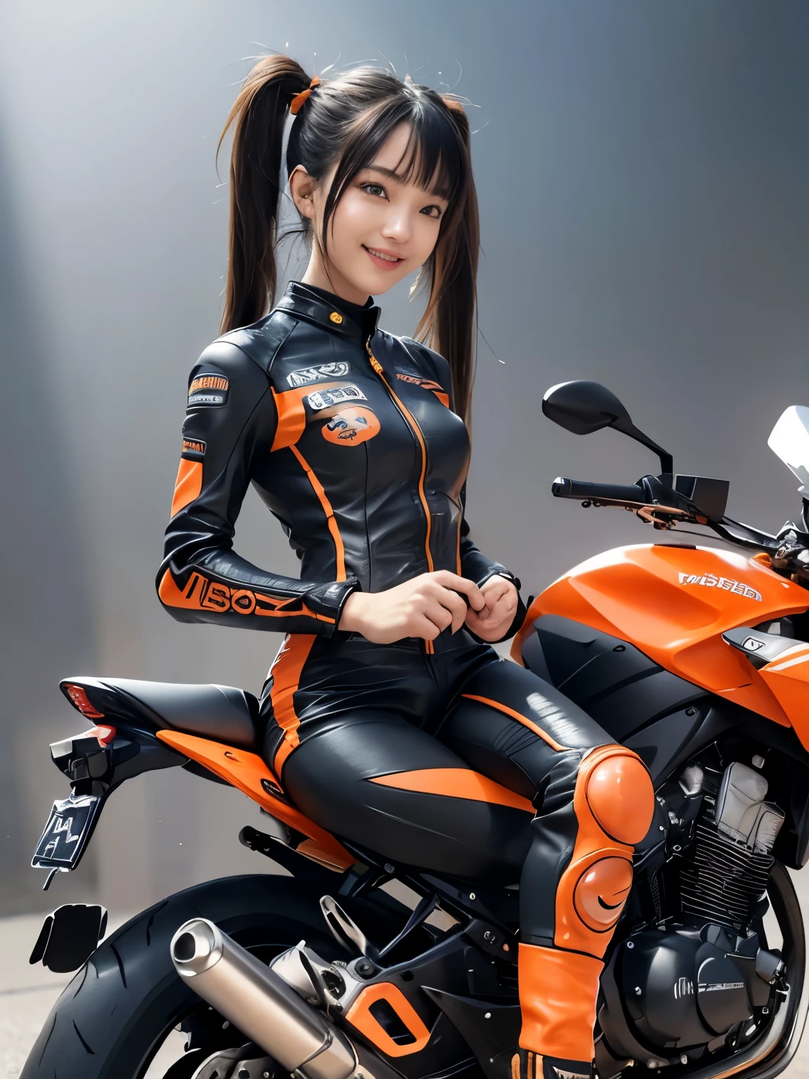 ((highest quality)), ((masterpiece)), (detailed motorcycle), perfect face、Accurate five-fingered hands、double eyelids、small face、realistic skin texture、full body shot、long legs、Beauty、((orange rider suit and pants))、smile、slender body、Moist eyes、((riding a motorcycle))、twin tails