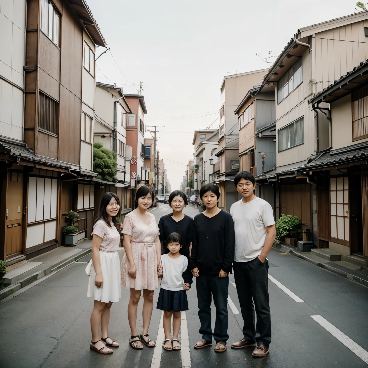 Family of 6 people in a city in Japan, simple photo taken with a cell phone