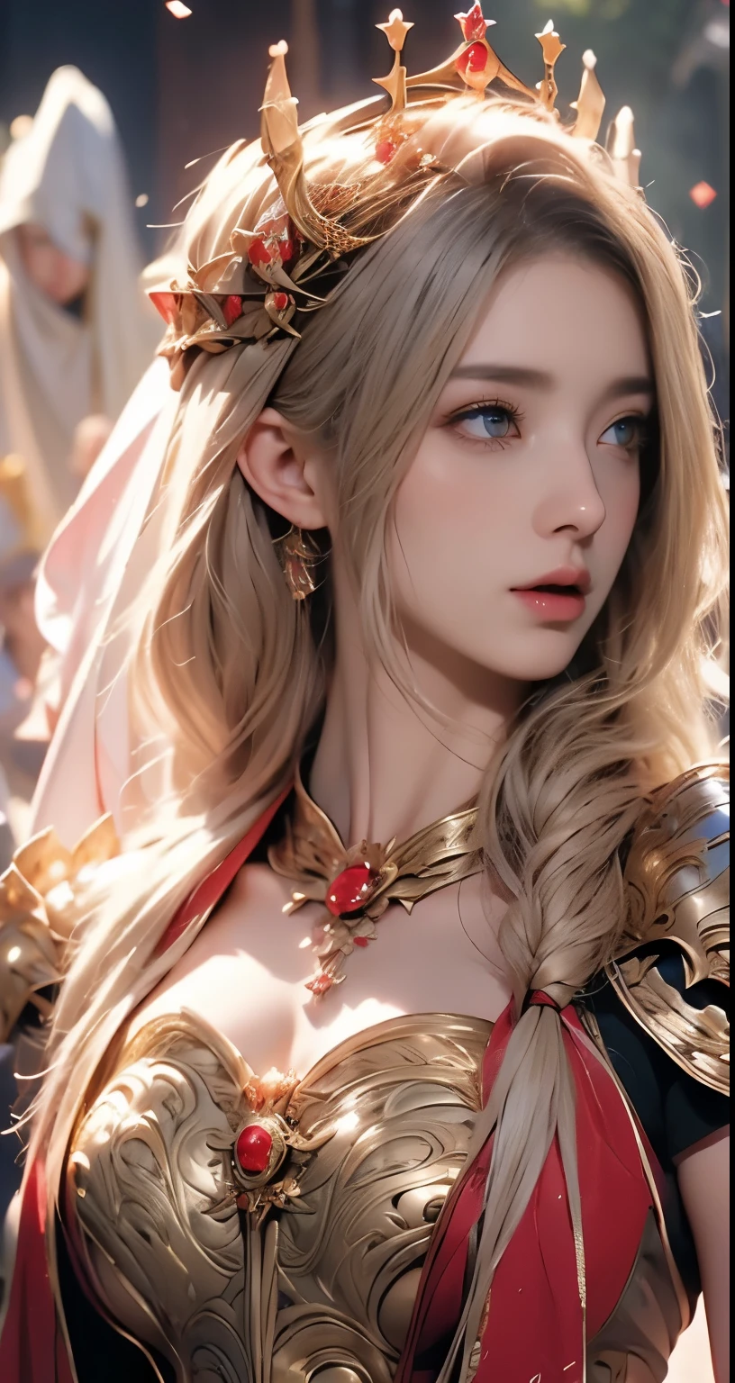 Erect nipples, wearing a red hijab , red luxury hijab,crown luxury , blue eye, blond hair, around 15 years old, (gold ), tmasterpiece，Best quality at best，A high resolution，8K，((Portrait))，(upper body)，Original photo，real photograph，digital photography，(Female princess in the medieval fantasy style), sexy princess ，blue eye， super colossal breast, round colossal breast ，open kissing lips，Keep your mouth shuegant and charming，((Blushing)) , paladin contempt，Calm and handsome，(Medieval fantasy dress，The Beautiful super huge round breast, very small waist, perfect colossal breast of princess body, a gold delicate pattern，silver Cloak)，(princes medieval character medieval fantasy style，oc render reflection texture, fighting style,  sexy colossal breast , medieval castle background, super slim body, very small waist, skinny 