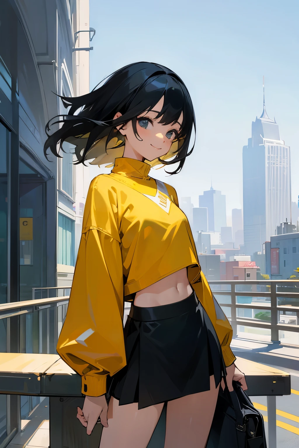 Masterpiece, Top quality, absurdity, Perfect anatomy, one girl, Single, Shrug \(clothes\), how long, Mini skirt, Acquaintance, city, in the fresh air, Cowboy shot, He smiles, Black hair