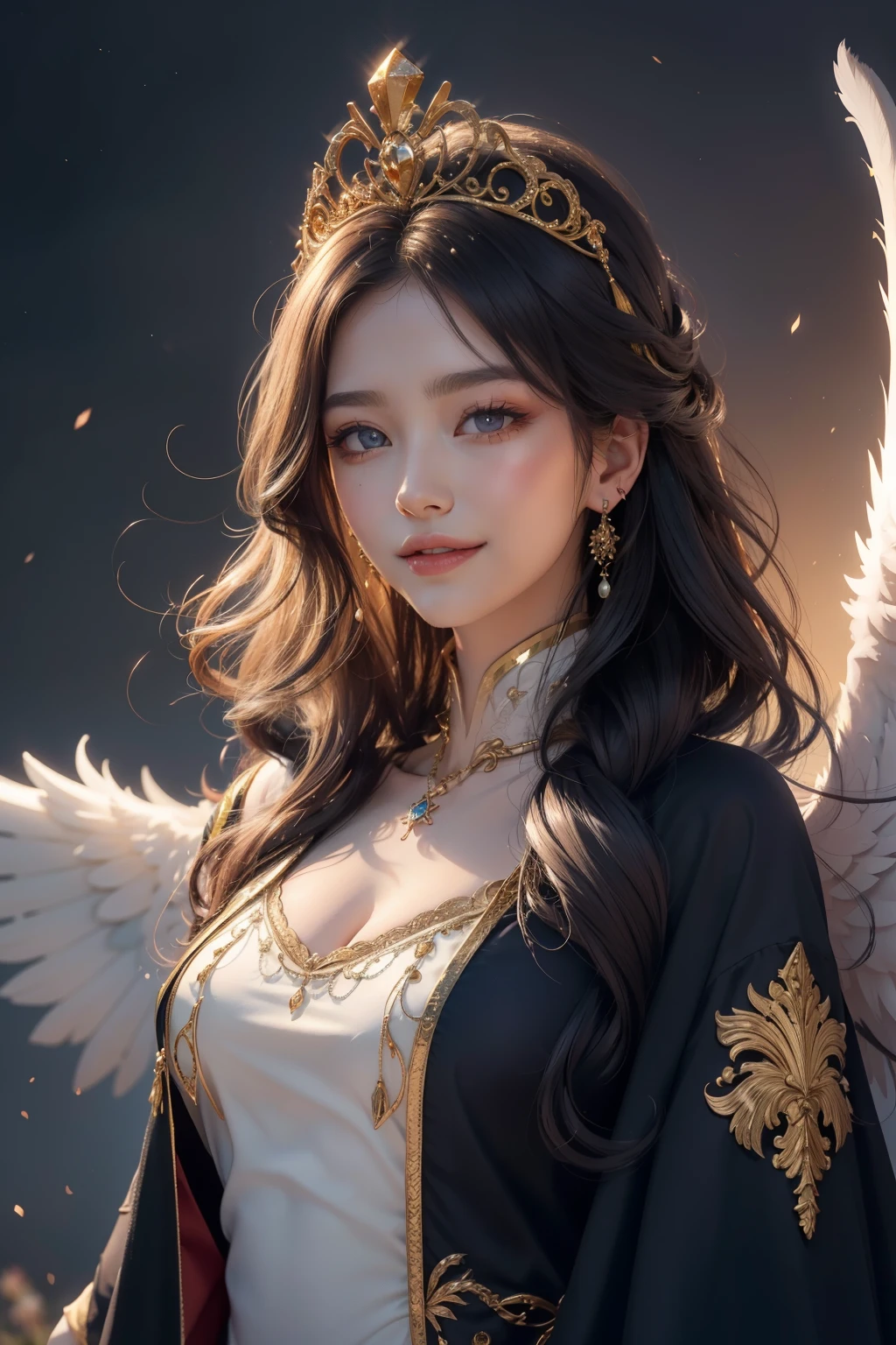 ((highest quality)), ((masterpiece)), (be familiar with), perfect face、(highest quality, 4K, High resolution, masterpiece:1.2), super detailed, realistic, radiant lighting, ２５old angel, white big wings、both wings、portrait, fantastic colors, Fine art, existence of ether, dream-like, be familiar with顔の特徴, shining eyes, angel beauty, fantastic shine, mythical creatures, harmonious composition, dazzling colors, stunning visual effects, Otherworldly appearance, captivating artistry,front、smile、kind、eyes are blue、long eyelashes、smile、体の向きをfrontに、hair is wavy、black hair、long hair、curly hair、Gold tiara、gold necklace、looks happy、I&#39;m in a rose field、fortune teller&#39;s clothes、brighten the background、wearing a cloak