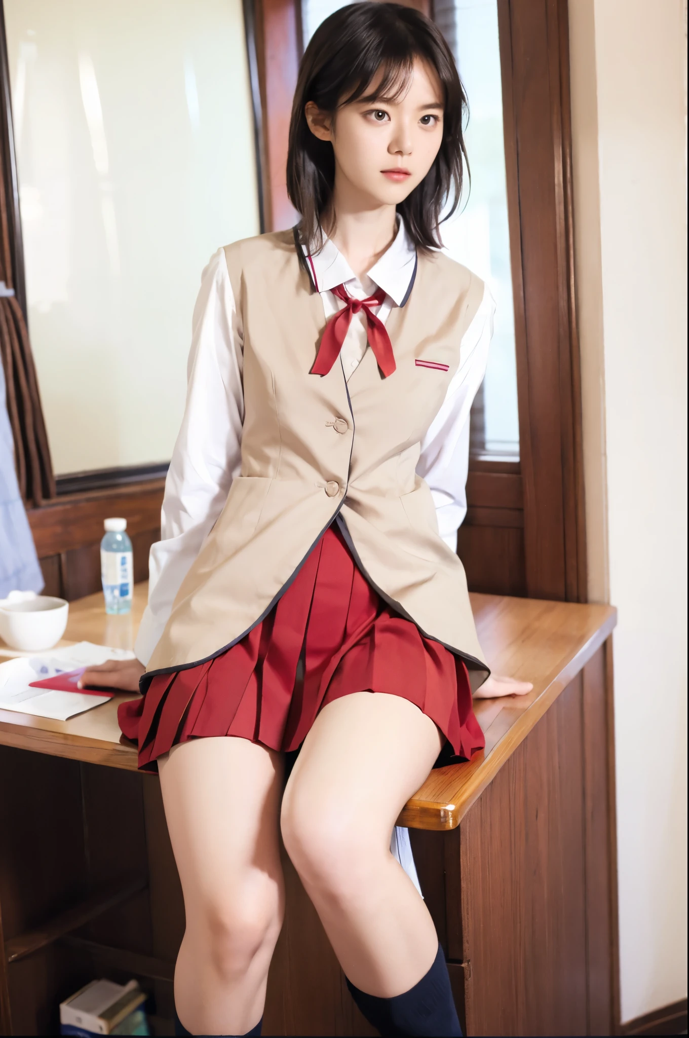 tsukamoto yakumo,school uniform,ribbon,pleated skirt,1 GIRL,solo