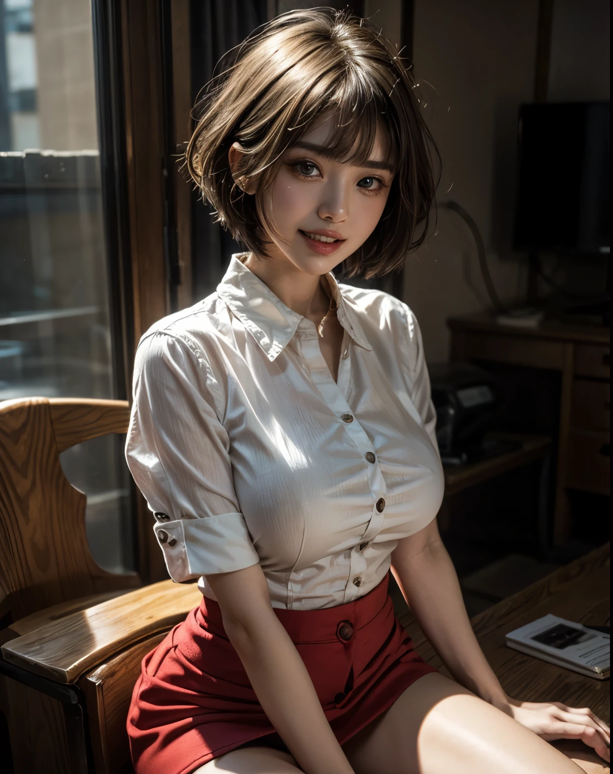 soft light, (((short hair:1.3), short bangs, Floating hair NovaFrogStyle)), ((The ultimate beautiful Japanese wife)), 20th generation, detailed eye, (Big eyes:1.3), lip details, very detailed目と顔, beautifully detailed nose, detailed and beautiful eyes, long eyelashes, light shines on your face, (parted lips:1.2), (beautiful white teeth:1.3), mature face, ((big and full breasts)), realistic face, realistic body, Dense and beautiful thighs, (red blouse:1.3)、(red tight micro miniskirt:1.4)、The whole body to the toes、(cowboy shot:1.3), ((Depth of the bounds written))、With background：((Ginza town, Tokyo))、(Raw photo, highest quality), (realistic, Photoreal:1.3), table top, very delicate and beautiful, very detailed, nffsw, unity , 2k wallpaper, wonderful, small details, light smile, Highly detailed ticker unity 8k wallpaper, huge file size, Super detailed, High resolution, absurd,