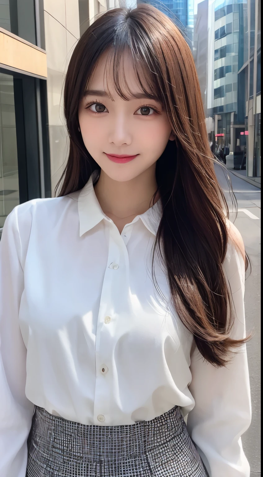 table top, highest quality, shape, Super detailed, finely, High resolution, 8k wallpaper, 完璧なダイナミックな構shape, finelyて美しい目, long hair, small breasts, natural color lip, random sexy pose,smile,20 year old girl、beautiful and detailed face、perfect and beautiful face,Big eyes、Blurred big city background、long sleeve blouse、flare skirt、small face、slim face and body、Smile
