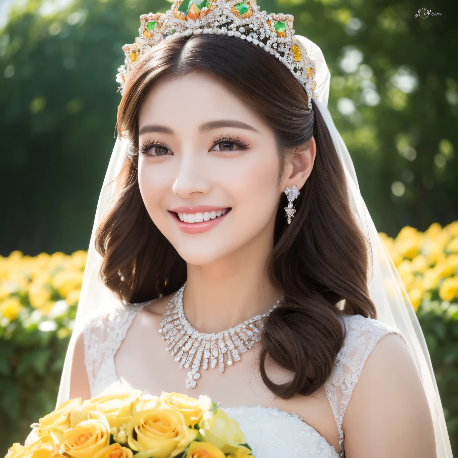 Alafi woman in yellow prom dress with bouquet of flowers, Photograph Taken on Nikon D750, Photo taken with Nikon D 7 5 0, beautiful Korean women, Yellow Wedding Dresses,Silk Fabric,High-grade fabrics,Wedding dresses with fine embroidery, chinese princess, Korean female, Beautiful young Korean woman, huge tit,large full breasts,wedding photos, Korean Girl,Happy smile, professional wedding photography, palatial palace ， a girl in hanfu