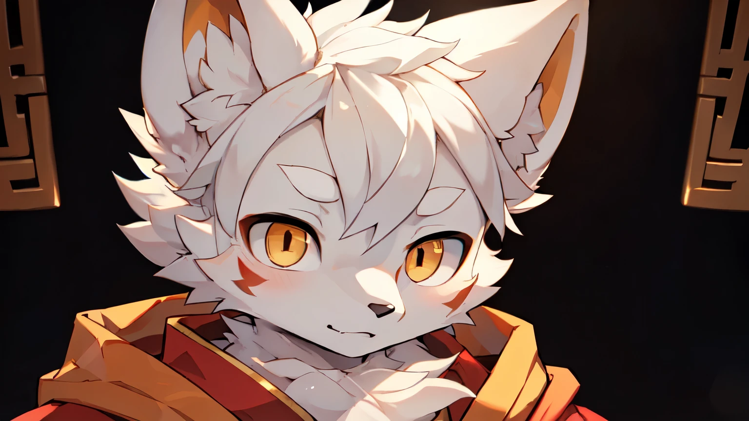 (best picture quality),(masterpiece),(((the only person))),(Super detailed),(male arctic fox:1.5), (white skin:1.3), hairy,(white fur:1.3),((golden pupils)) ,(gray ears),(hairy 动物 耳朵s),((Wearing a Chinese style robe),natural lighting,complex background,Detailed face,details on face,Character focus,Detailed clothes,upper part of body,depth of field,lighting perfect,sharp focus