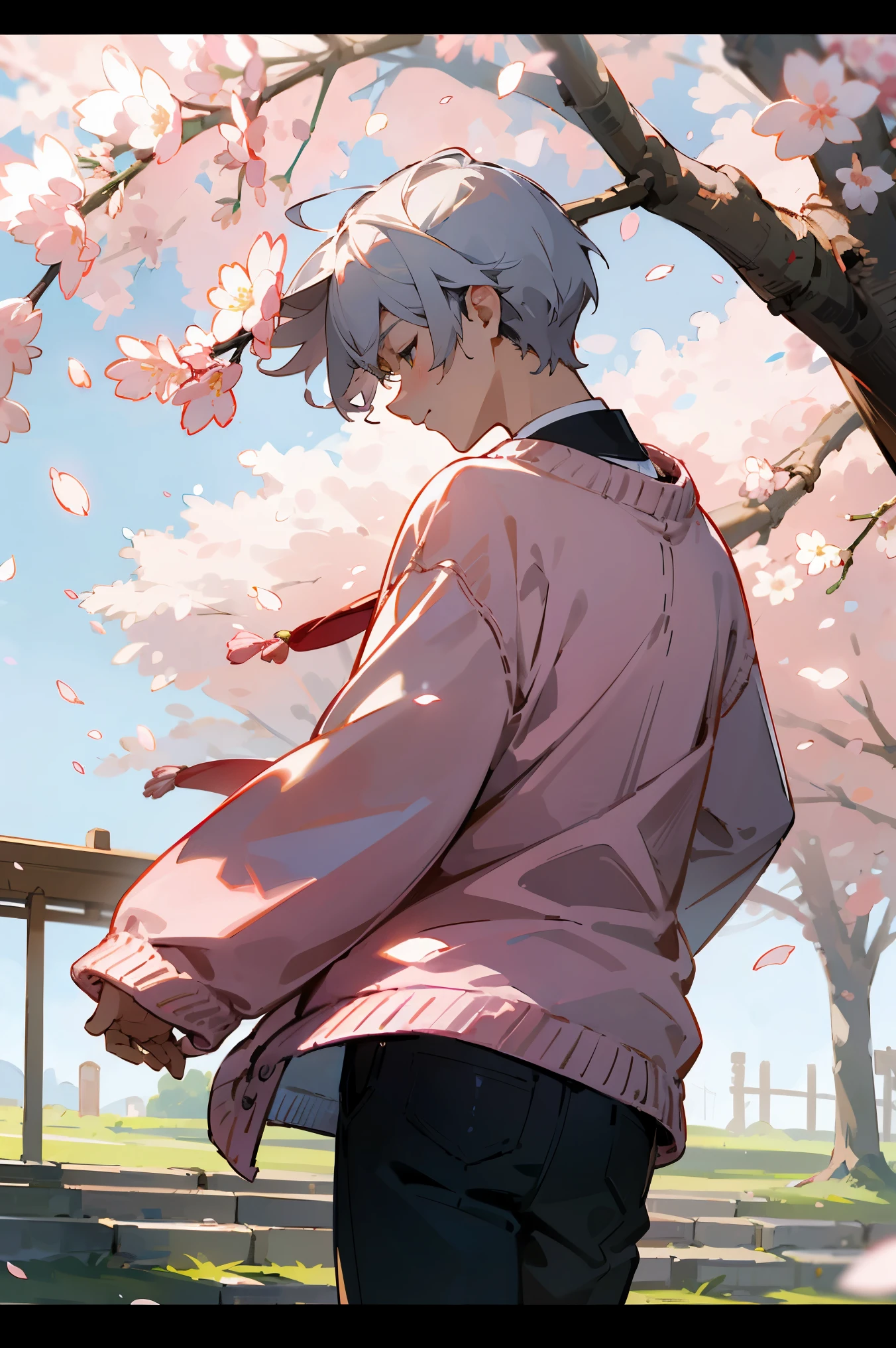 buckshot, Rear view ,from behind ,Behind the face ,Directly behind , shot from behind,pink cardigan, Rear view, (highest quality), (masterpiece), 1080p, hd, 4k, 8K, male, clean hands, gray hair, short hair, cherry blossomsの花びらの背景, cherry blossoms, petals dancing in the wind,