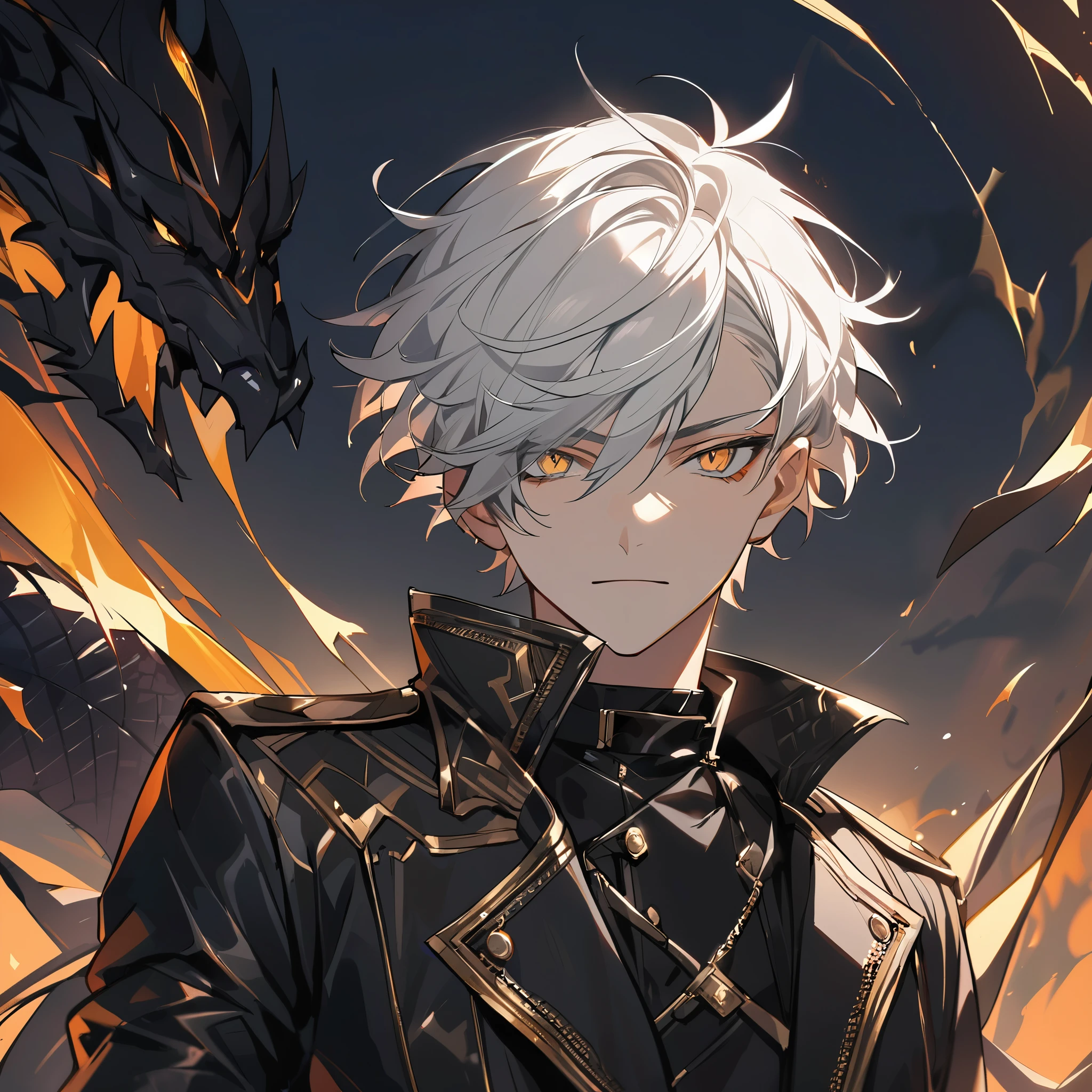 High quality, handsome male, 1male, , teenager, go lining, short white hair, flat cut hair, sharp eyes, gold eyes, devil may cry, close up, calm expression, stoic, black leather clothes, black jacket, upper body, looking at viewer, cowboy shot, black dragon background