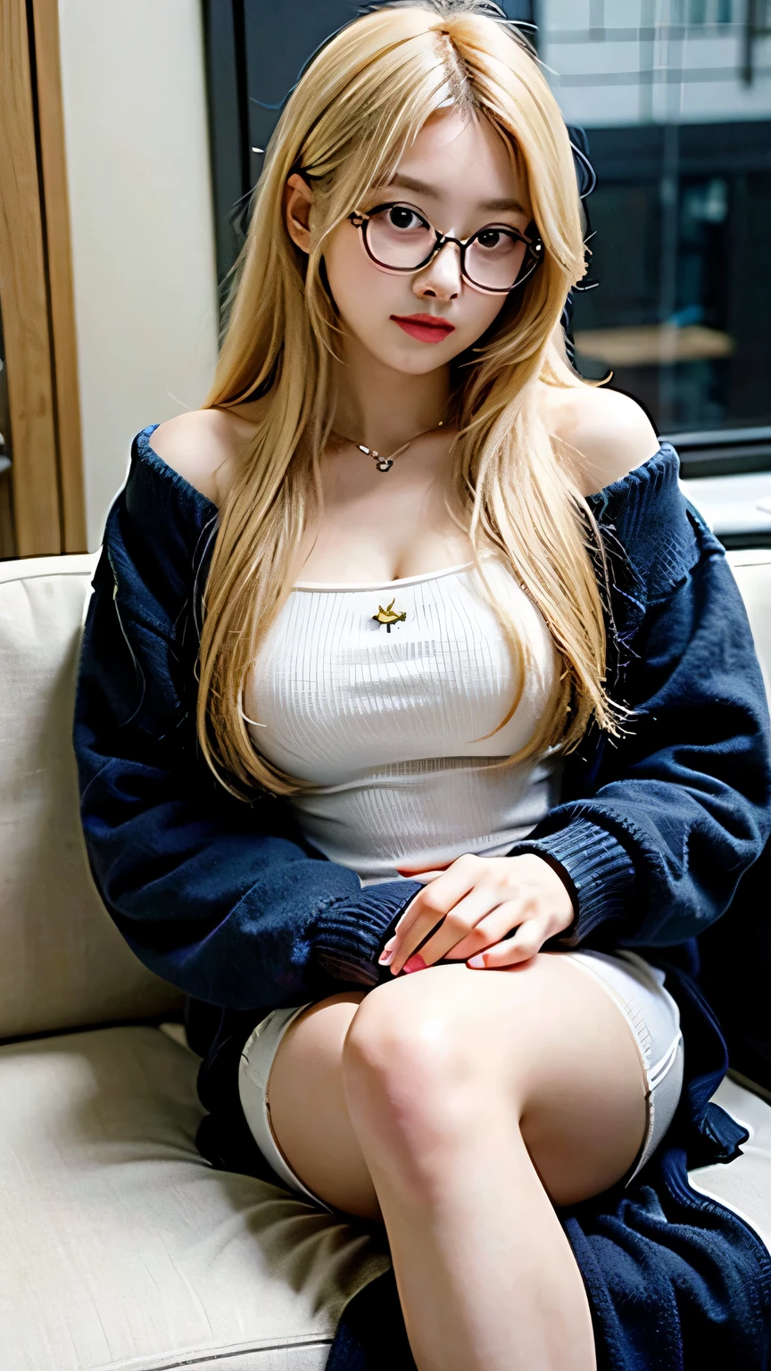 Young asian blonde girl, long wavy hair, waifu, wearing glasses, seductive, beautiful, pretty, attractive, adult-teen, busty, wearing a dress.