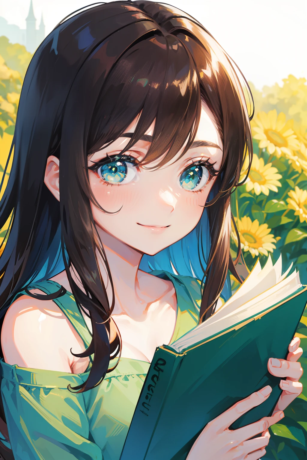 super close-up on a beautiful woman with brown hair, sweet smile, green eyes, green shirt, and blue denim shorts, holding a book