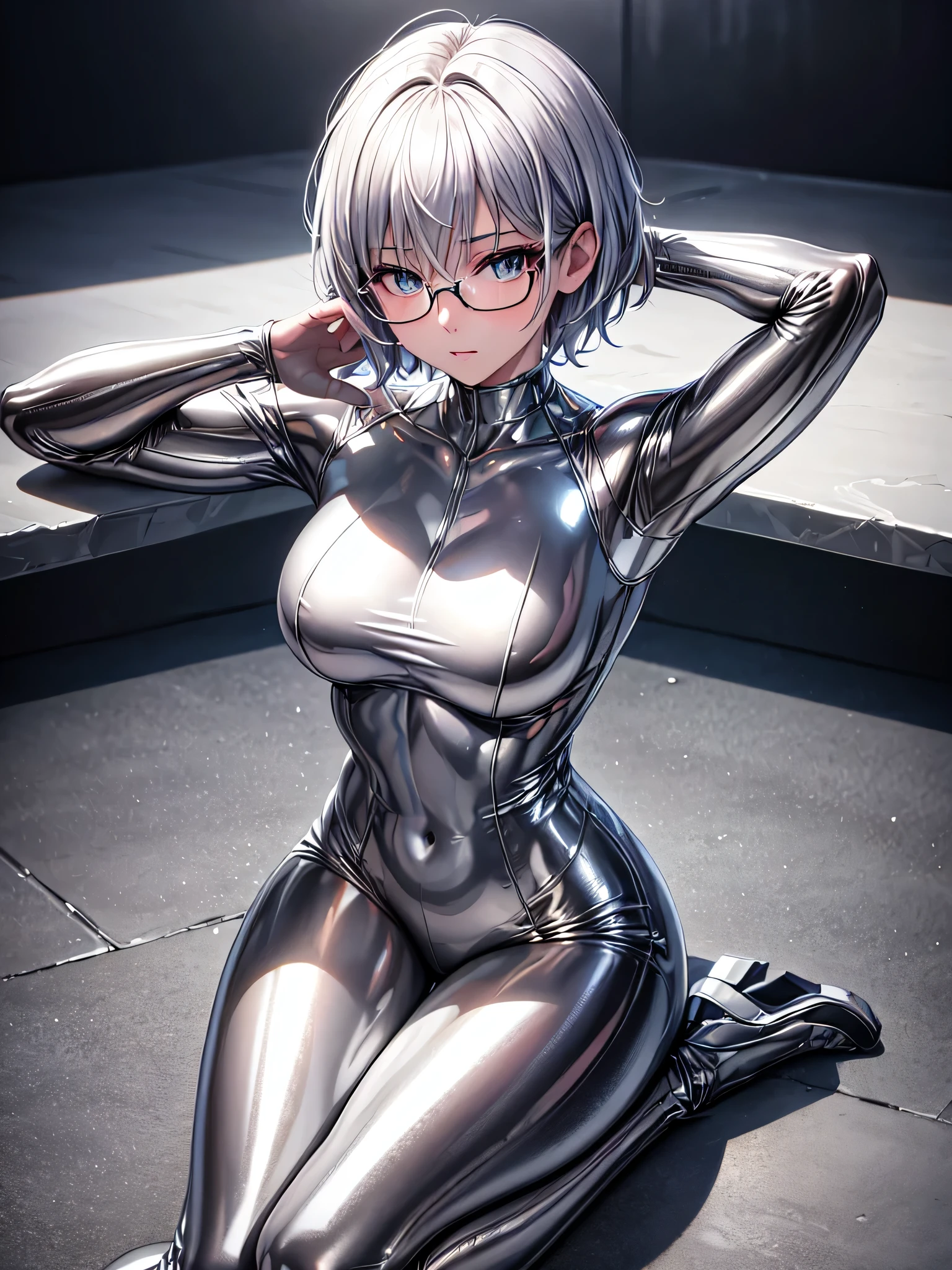 Top quality 8K UHD、Upper bodyアップ、short hair、pieces fly、sit down and raise one leg、spread your leguscular、silver hair、Glasses、Upper body、Beautiful woman wearing a full body silver metallic suit、A silver rubber suit that hides your lustrous skin