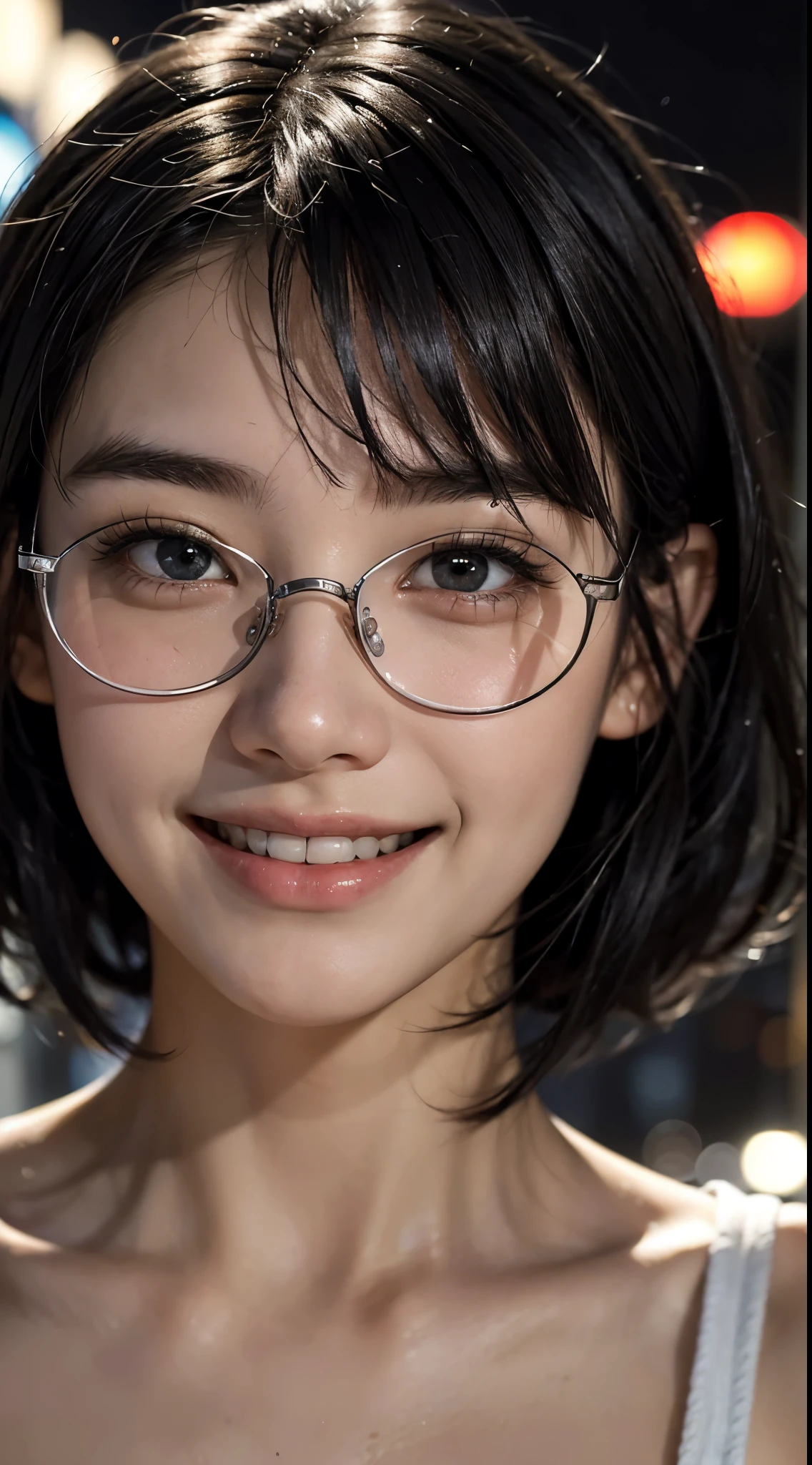 cute 18 year old,1 girl, tokyo street,night, cityscape,city lights, ((face close up:1.5)),((A smile showing white teeth)),((Jet-black short hair))close, 8K, Raw photo, highest quality, masterpiece,realistic, photo-realistic,black rim glasses,