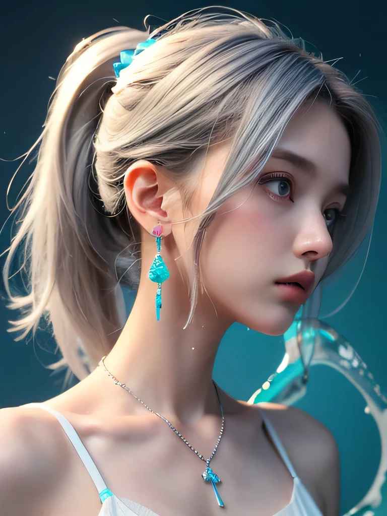 (masterpiece, highest quality:1.2), 8K, 85mm, Raw photo, confused, white and cyan theme, (liquid clothes, liquid dress:1.4), gray hair, gradient dress, delicate girl, Upper body, close your face, shiny skin, teen, looking at the viewer, HDR, sharp focus, particle, dusk sky, shiny skin, small eyes and face, colorful background, simple background、earrings、necklace、clavicle、