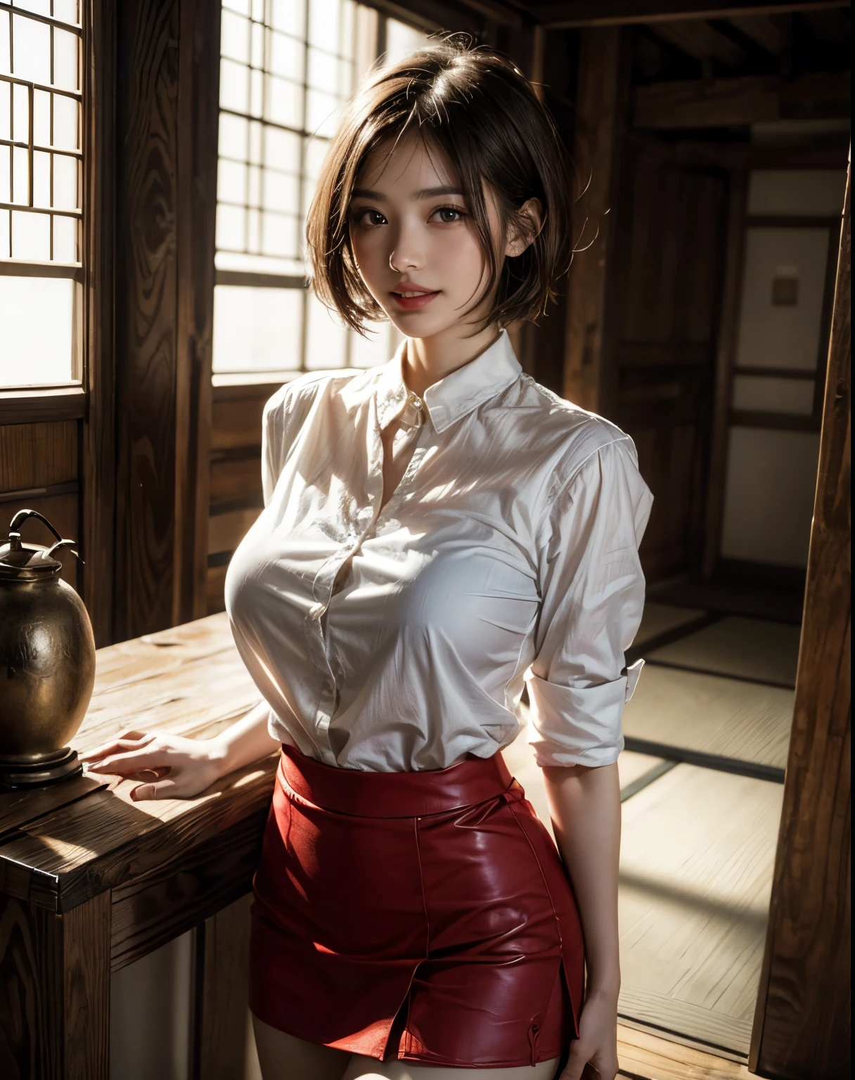 Japanese girl, flat bob, white shirt, masterpiece, best quality, red tie, naked lower body, night, outdoor, dancing, fire storm