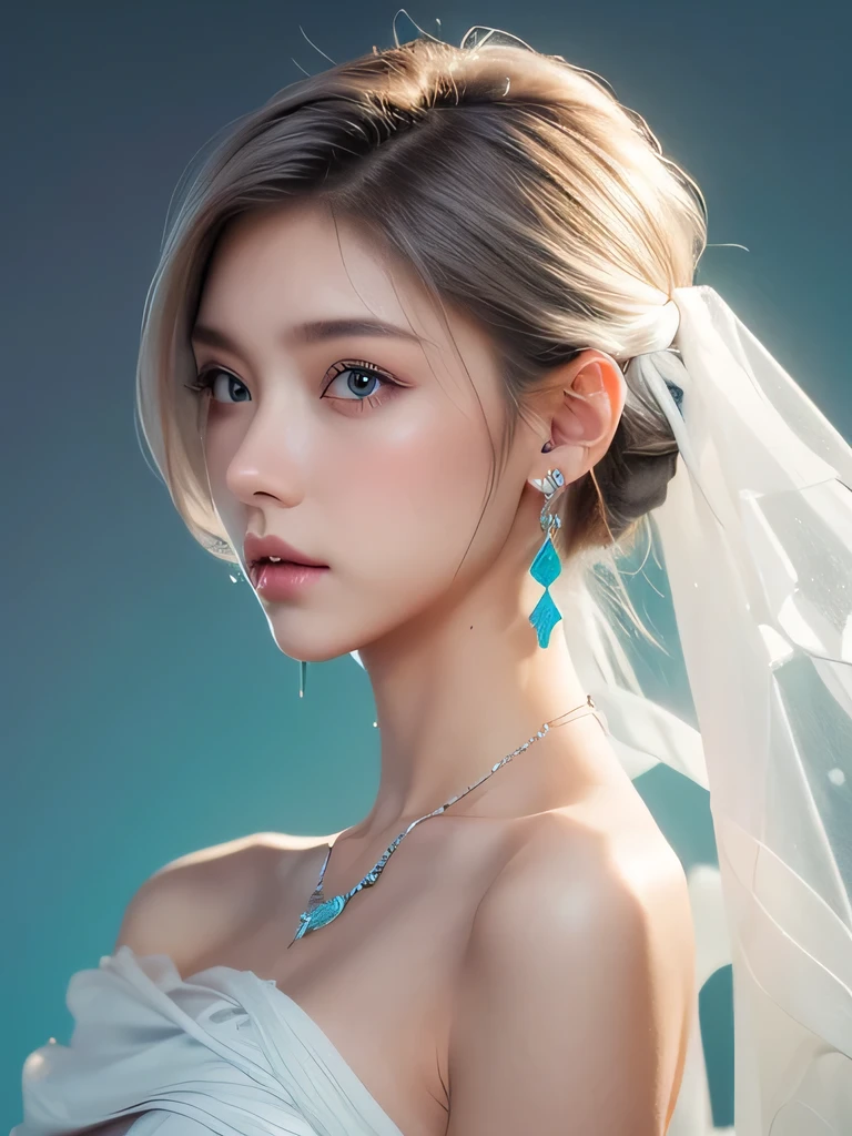 (masterpiece, highest quality:1.2), 8K, 85mm, Raw photo, confused, white and cyan theme, (liquid clothes, liquid dress:1.4), gray hair, gradient dress, delicate girl, Upper body, close your face, shiny skin, teen, looking at the viewer, HDR, sharp focus, particle, dusk sky, shiny skin, small eyes and face, colorful background, simple background、earrings、necklace、clavicle、