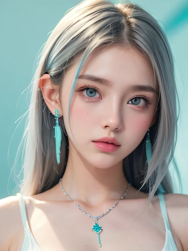 (masterpiece, highest quality:1.2), 8K, 85mm, Raw photo, confused, white and cyan theme, (liquid clothes, liquid dress:1.4), gray hair, gradient dress, delicate girl, Upper body, close your face, shiny skin, teen, looking at the viewer, HDR, sharp focus, particle, dusk sky, shiny skin, small eyes and face, colorful background, simple background、earrings、necklace、clavicle、