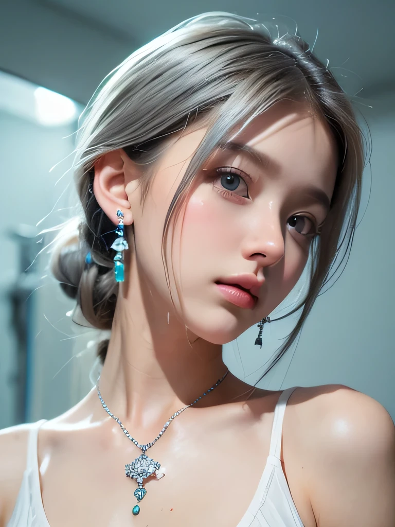 (masterpiece, highest quality:1.2), 8K, 85mm, Raw photo, confused, white and cyan theme, (liquid clothes, liquid dress:1.4), gray hair, gradient dress, delicate girl, Upper body, close your face, shiny skin, , looking at the viewer, HDR, sharp focus, particle, dusk sky, shiny skin, small eyes and face, colorful background, simple background、earrings、necklace、clavicle、ponytail、