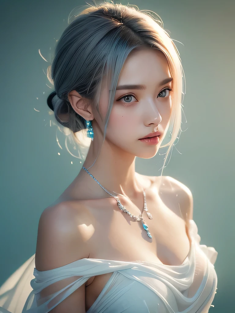(masterpiece, highest quality:1.2), 8K, 85mm, Raw photo, confused, white and cyan theme, (liquid clothes, liquid dress:1.4), gray hair, gradient dress, delicate girl, Upper body, close your face, shiny skin, teen, looking at the viewer, HDR, sharp focus, particle, dusk sky, shiny skin, small eyes and face, colorful background, simple background、earrings、necklace、clavicle、