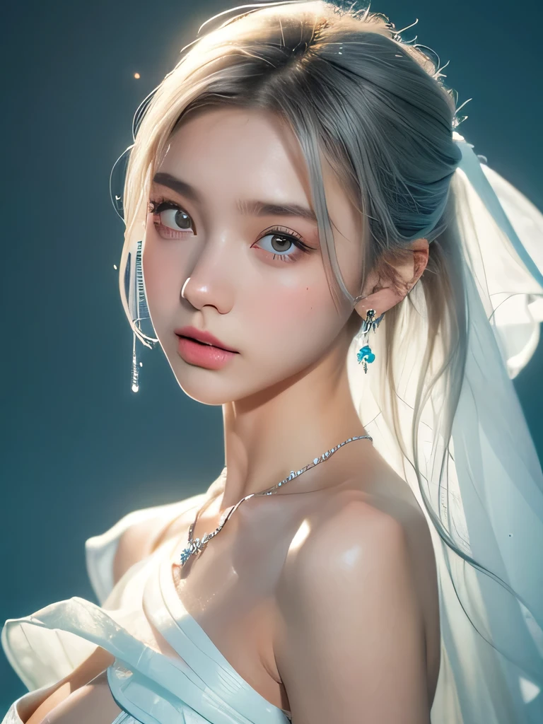 (masterpiece, highest quality:1.2), 8K, 85mm, Raw photo, confused, white and cyan theme, (liquid clothes, liquid dress:1.4), gray hair, gradient dress, delicate girl, Upper body, close your face, shiny skin, teen, looking at the viewer, HDR, sharp focus, particle, dusk sky, shiny skin, small eyes and face, colorful background, simple background、earrings、necklace、clavicle、